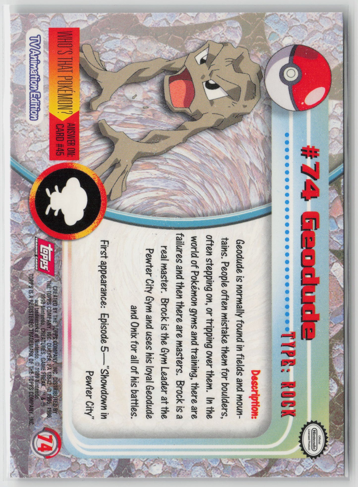 Geodude #74 Topps TV Animation Series 1999 Non-Holo LP (Back)