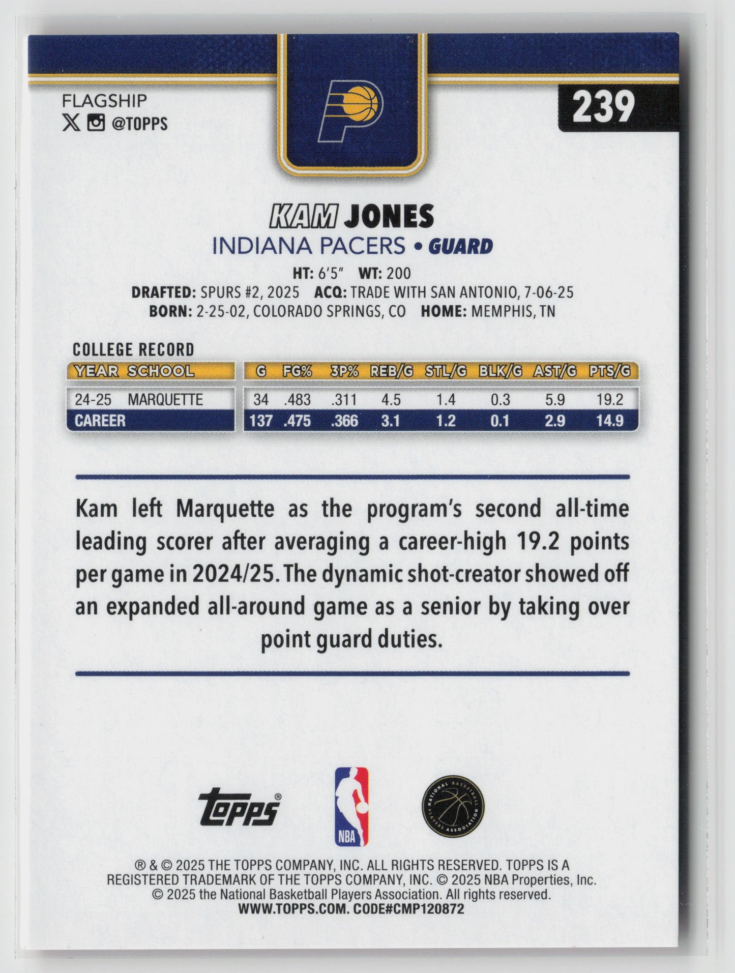 Kam Jones 2025 Topps #239 #/25 NM (Back)
