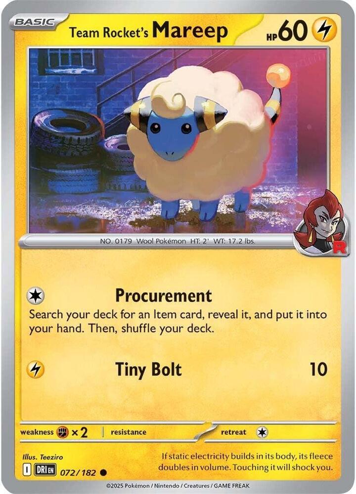 Team Rocket's Mareep Common Reverse Holo DRI 072/182 NM