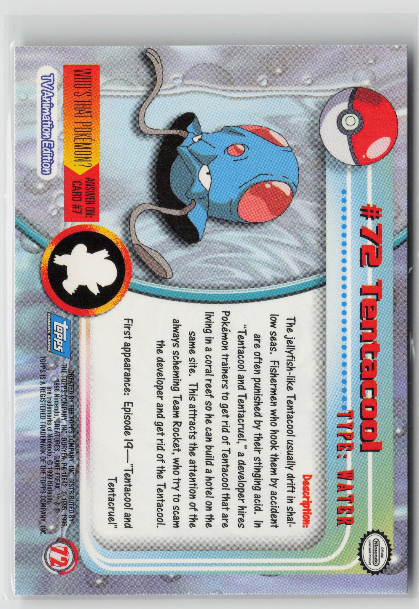 Tentacool #72 Topps TV Animation Series 1999 Non-Holo NM (Back)