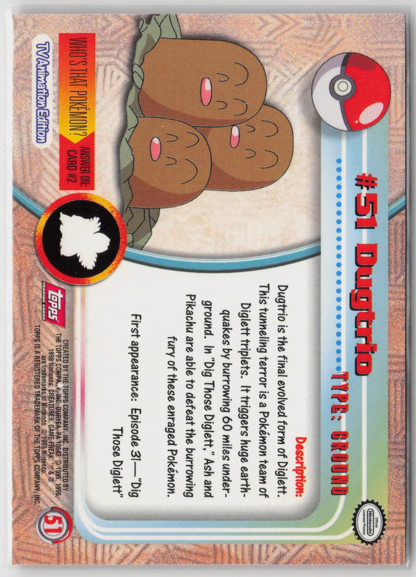 Dugtrio #51 Topps TV Animation Series 1999 Non-Holo LP (Back)