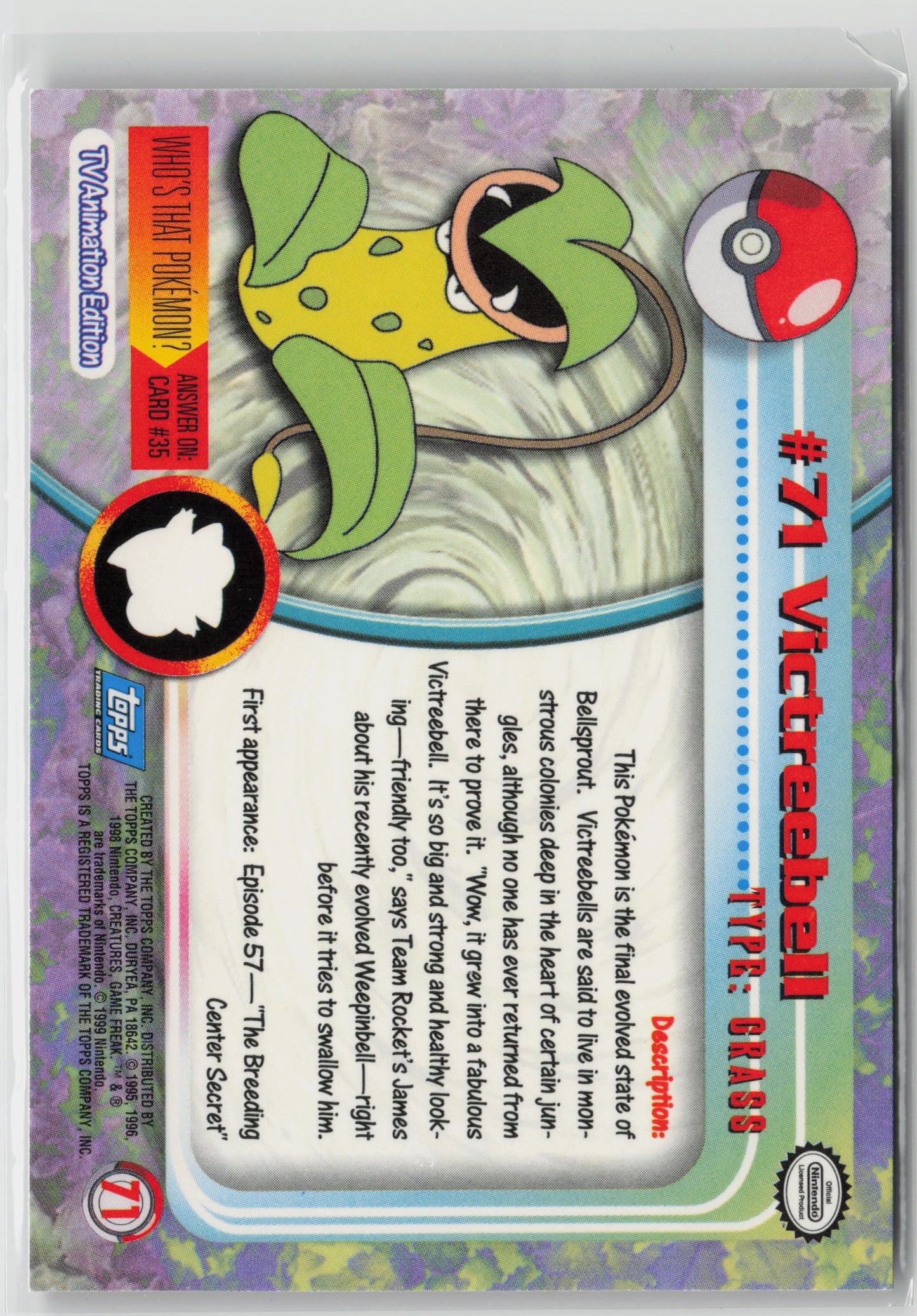 Victreebell #71 Topps TV Animation Series 1999 Non-Holo NM (Back)
