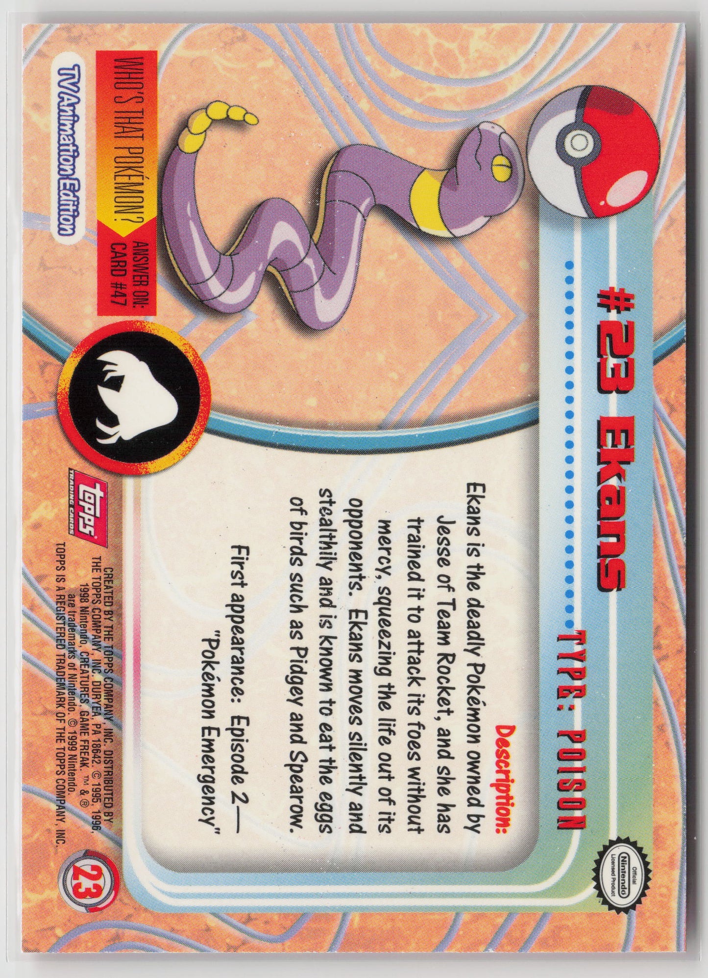 Ekans #23 Topps TV Animation Series 1999 Non-Holo NM (Back)