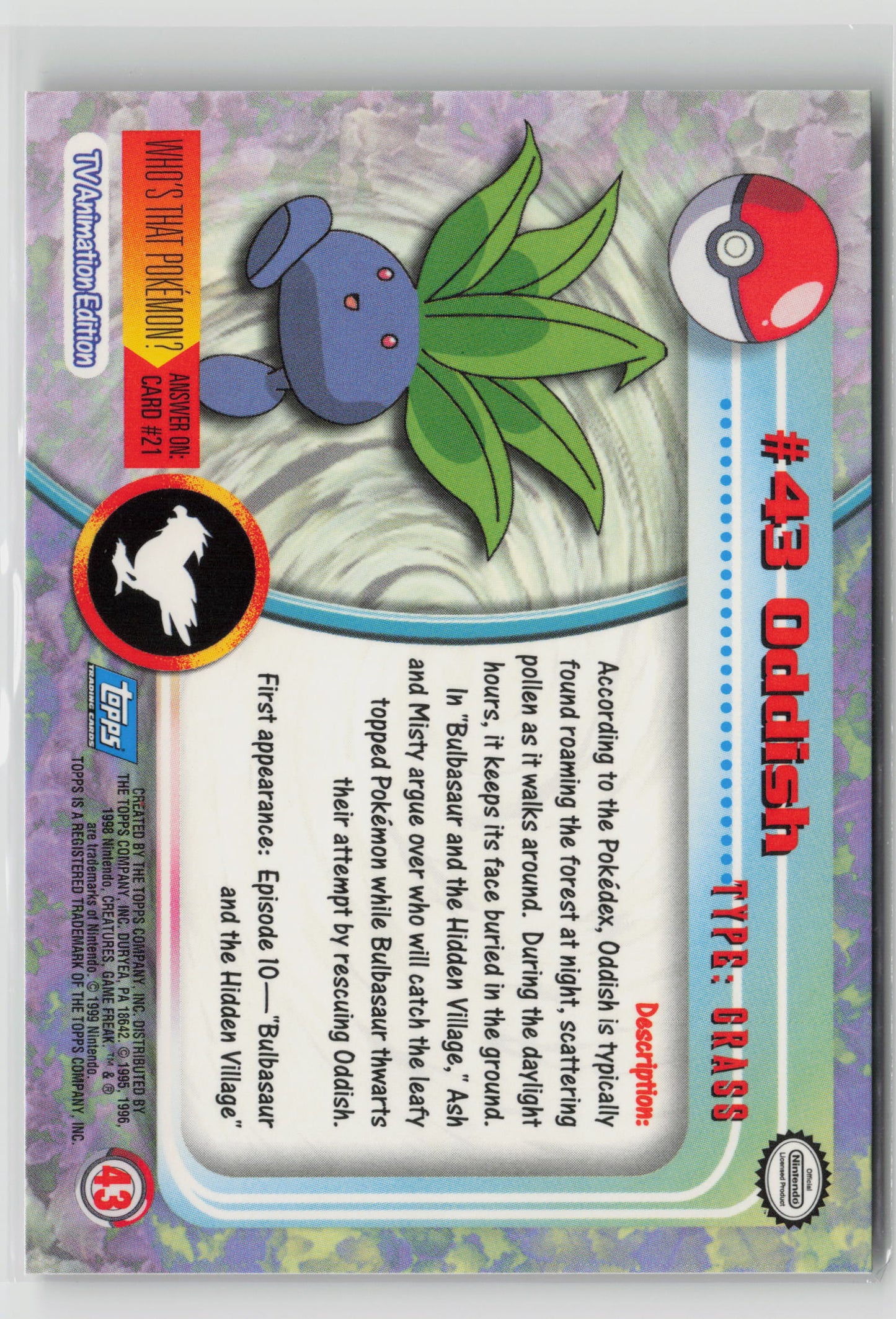 Oddish #43 Topps TV Animation Series 1999 Non-Holo NM (Back)