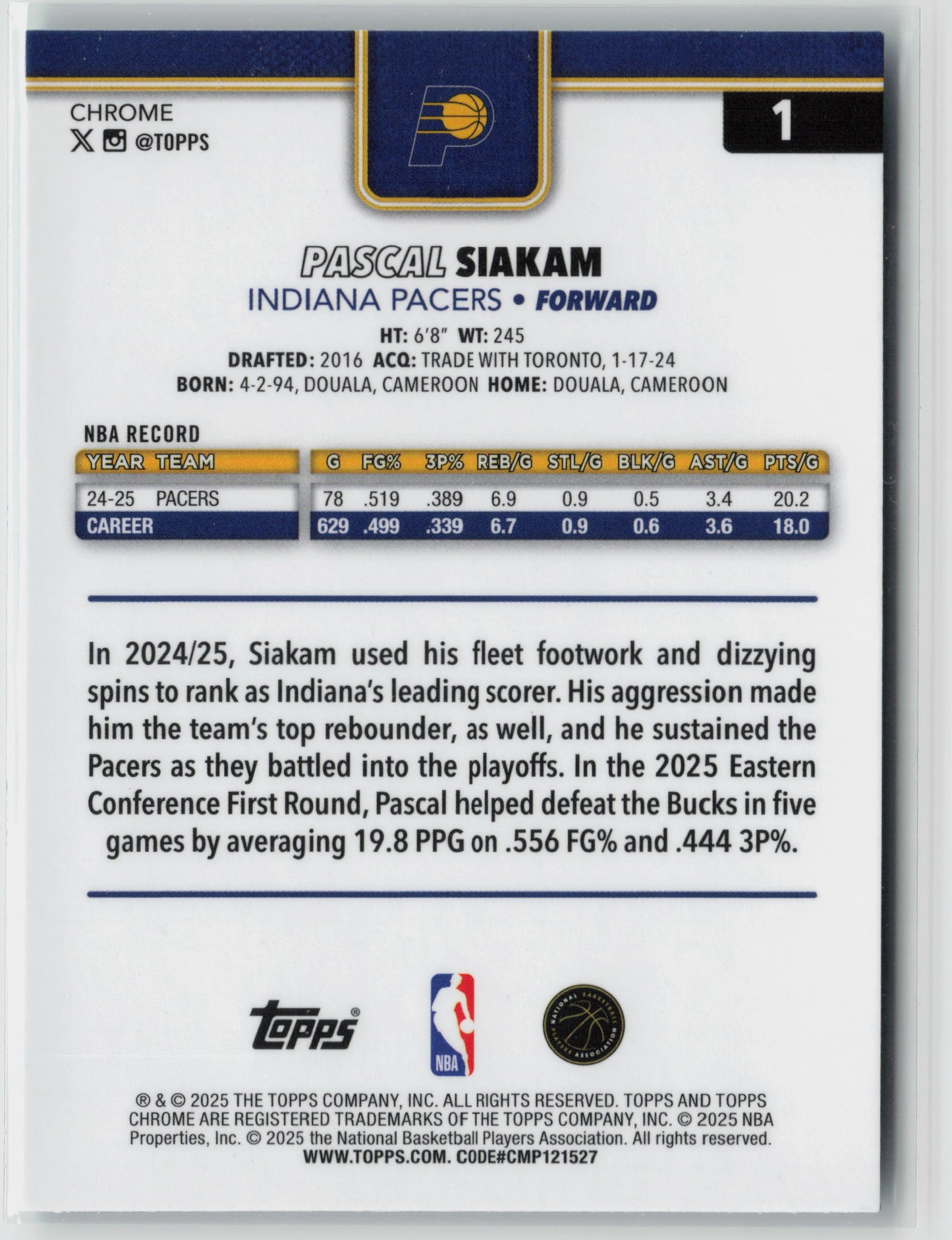 Pascal Siakam 2025 Topps #1 NM - 086/199 (Back)