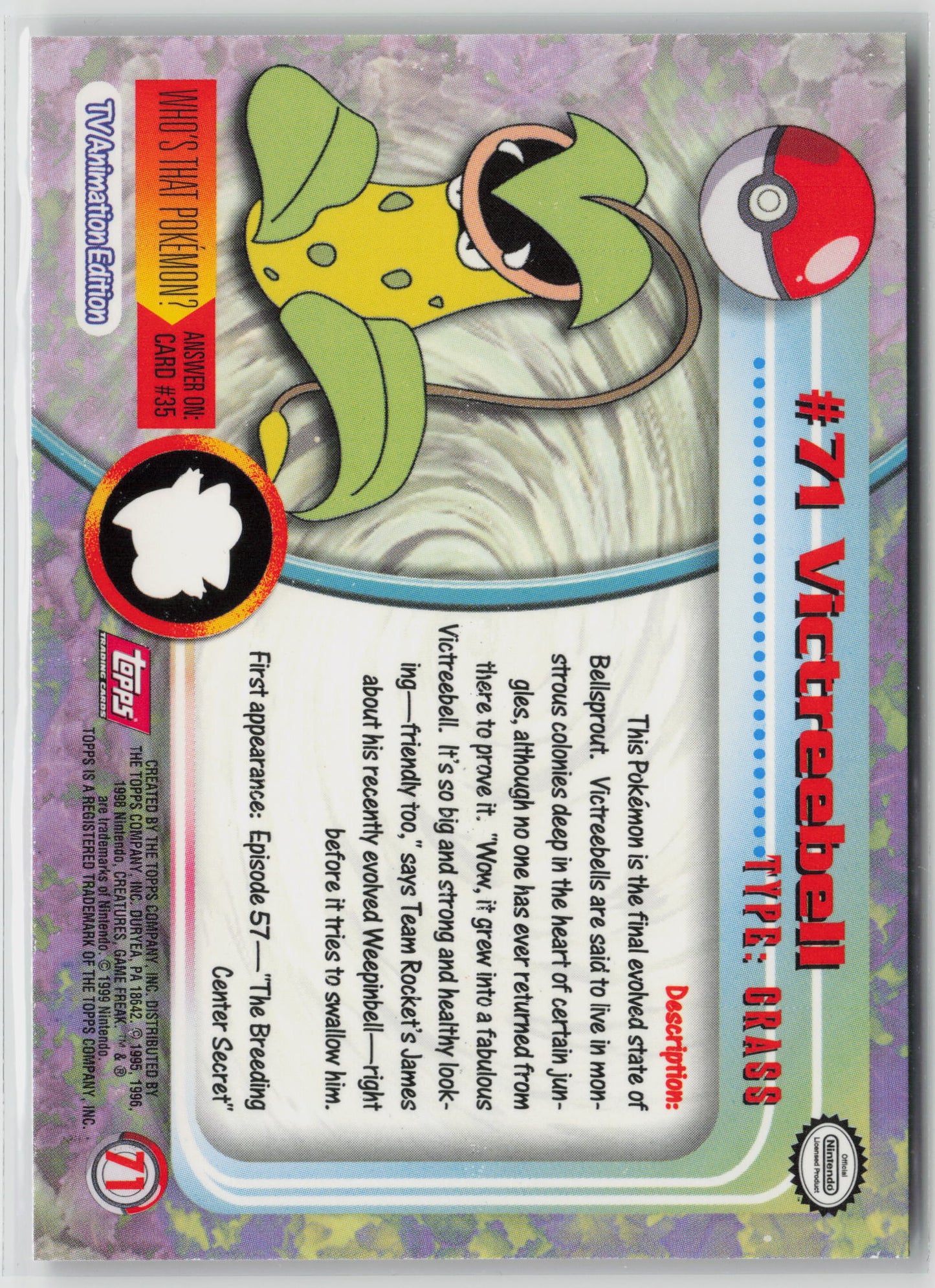 Victreebell #71 Topps TV Animation Series 1999 Non-Holo NM (Back)