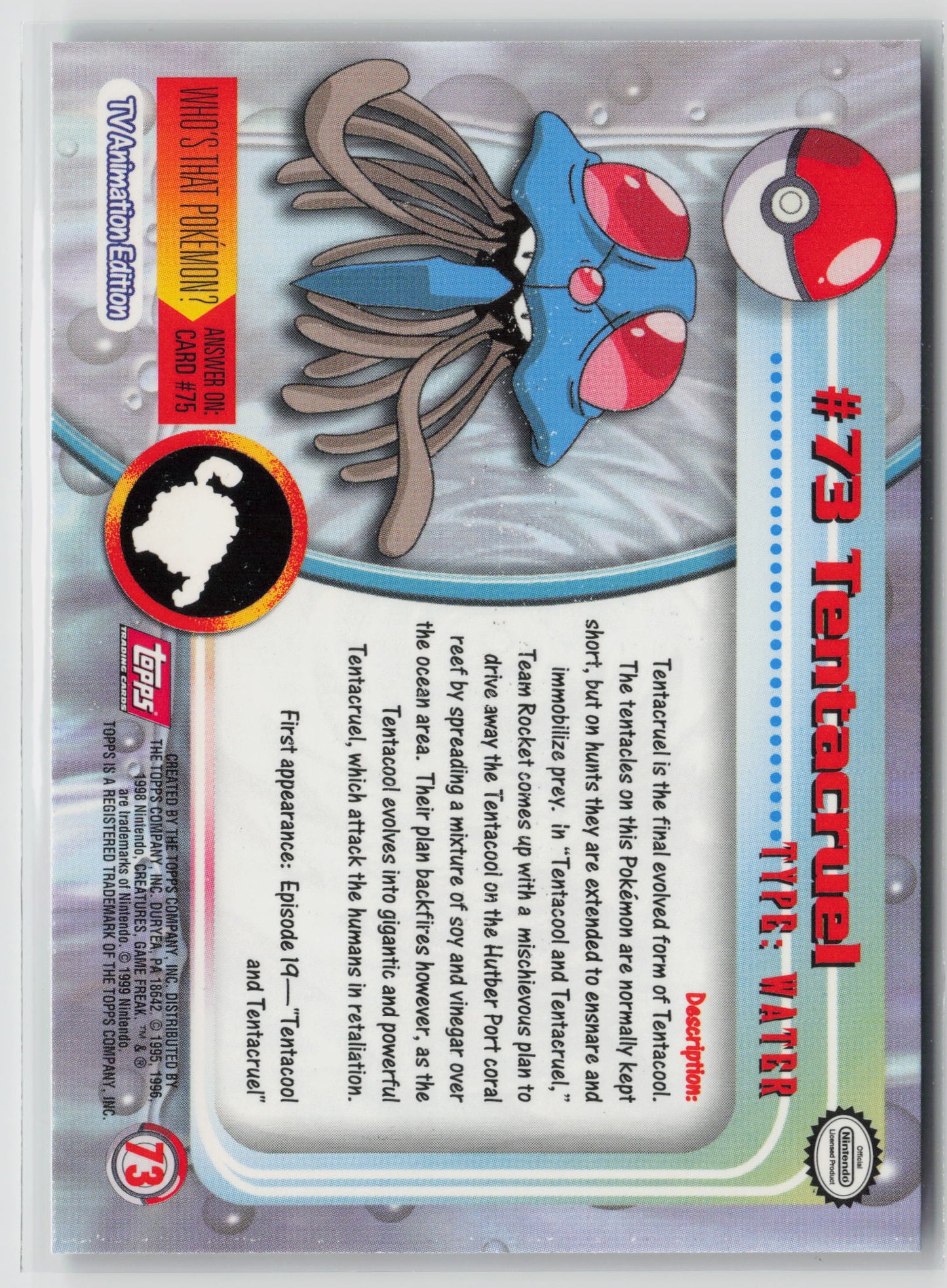 Tentacruel #73 Topps TV Animation Series 1999 Non-Holo NM (Back)