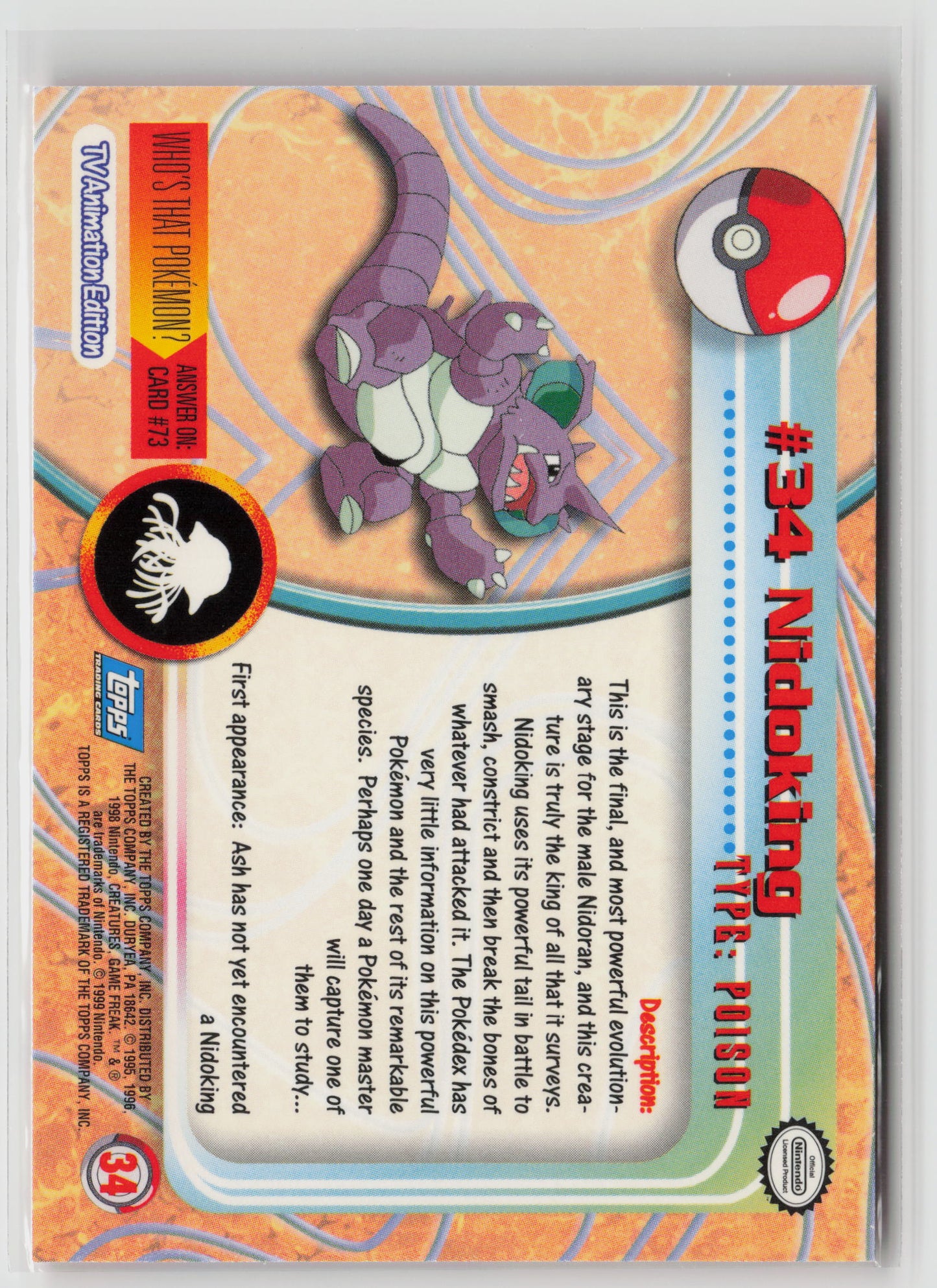 Nidoking #34 Topps TV Animation Series 1999 Non-Holo NM (Back)