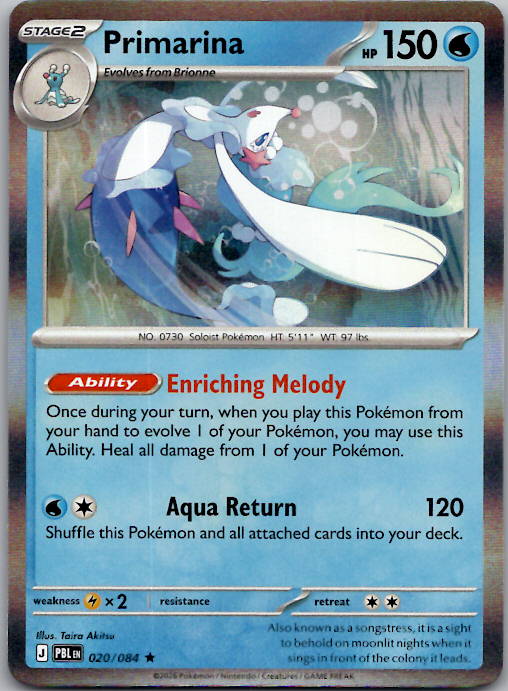 Primarina Rare Reverse Holo PBL 020/084 NM