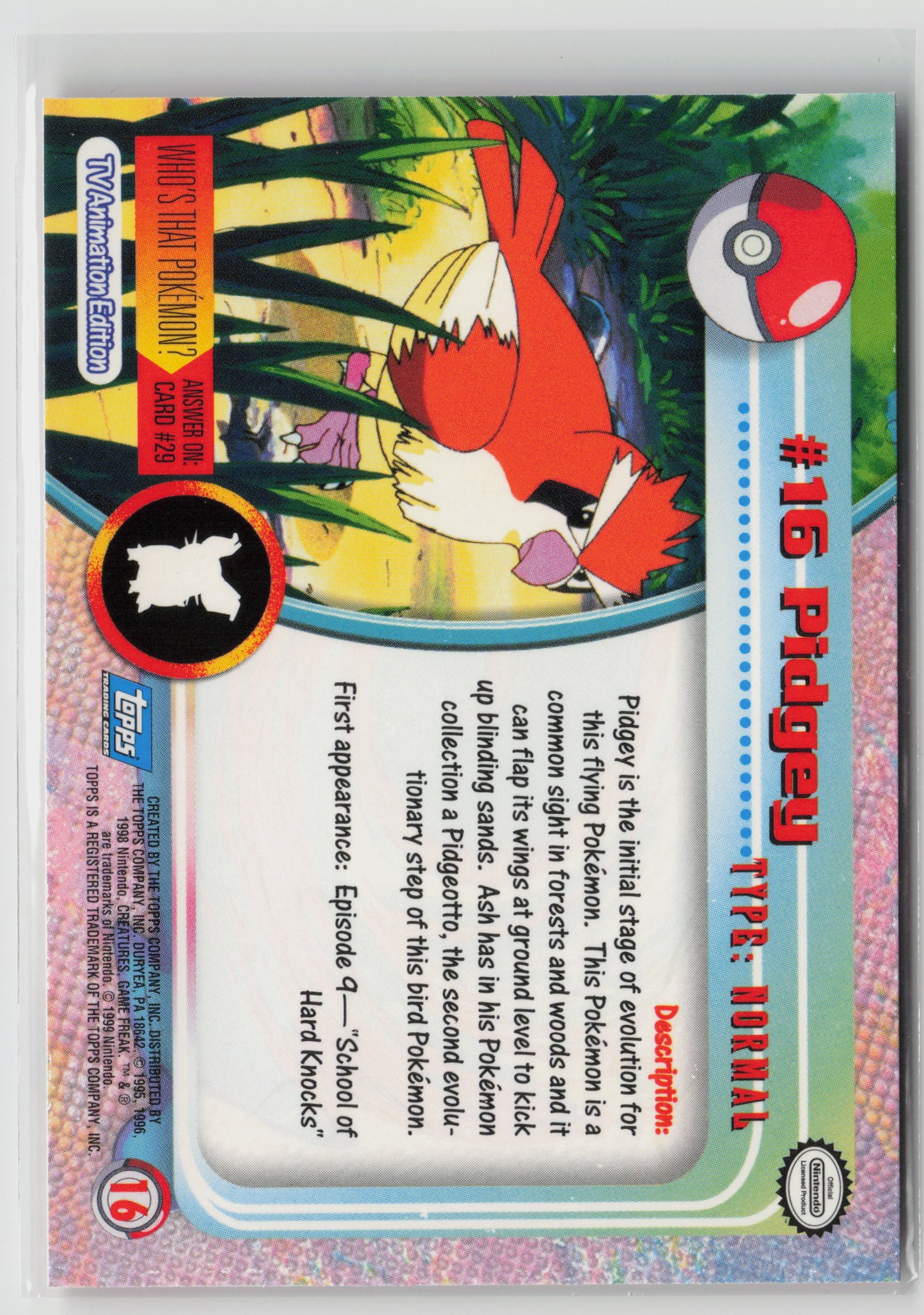Pidgey #16 Topps TV Animation Series 1999 Non-Holo NM (Back)