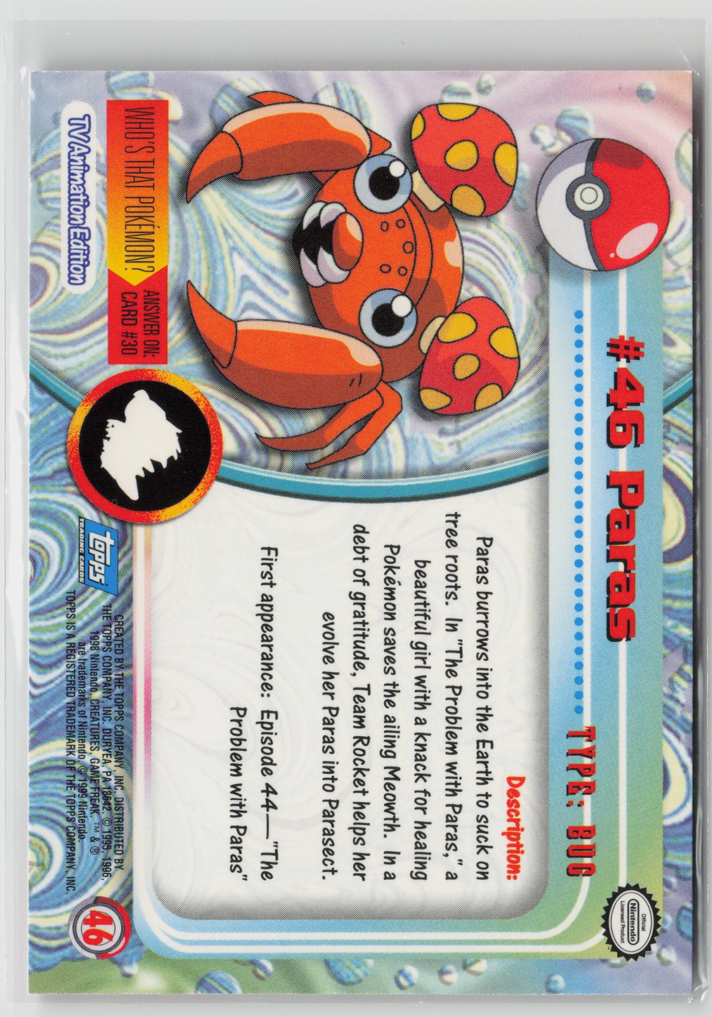 Paras #46 Topps TV Animation Series 1999 Non-Holo NM (Back)