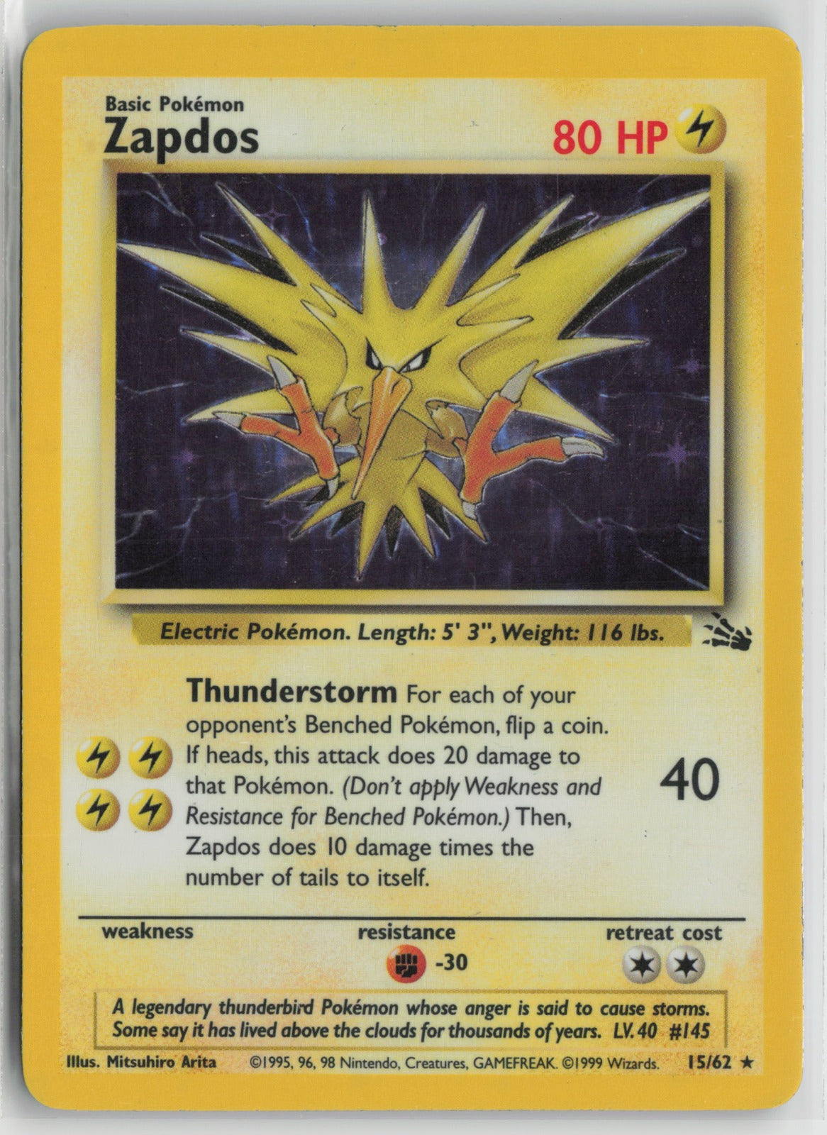 Zapdos (15) Holo Rare Unlimited Holo FO 15/62 HP