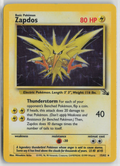 Zapdos (15) Holo Rare Unlimited Holo FO 15/62 HP