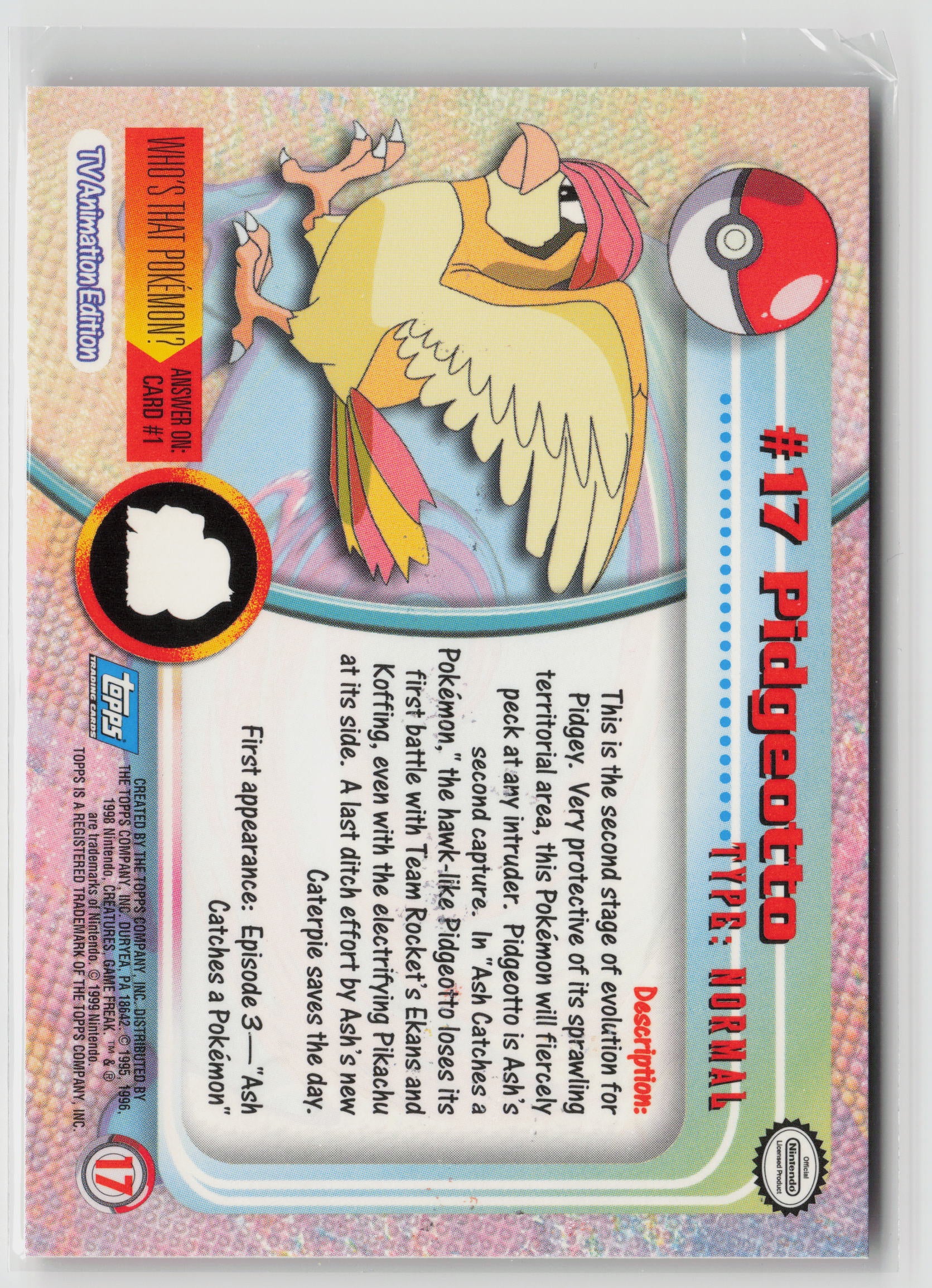 Pidgeotto #17 Topps TV Animation Series 1999 Non-Holo NM (Back)