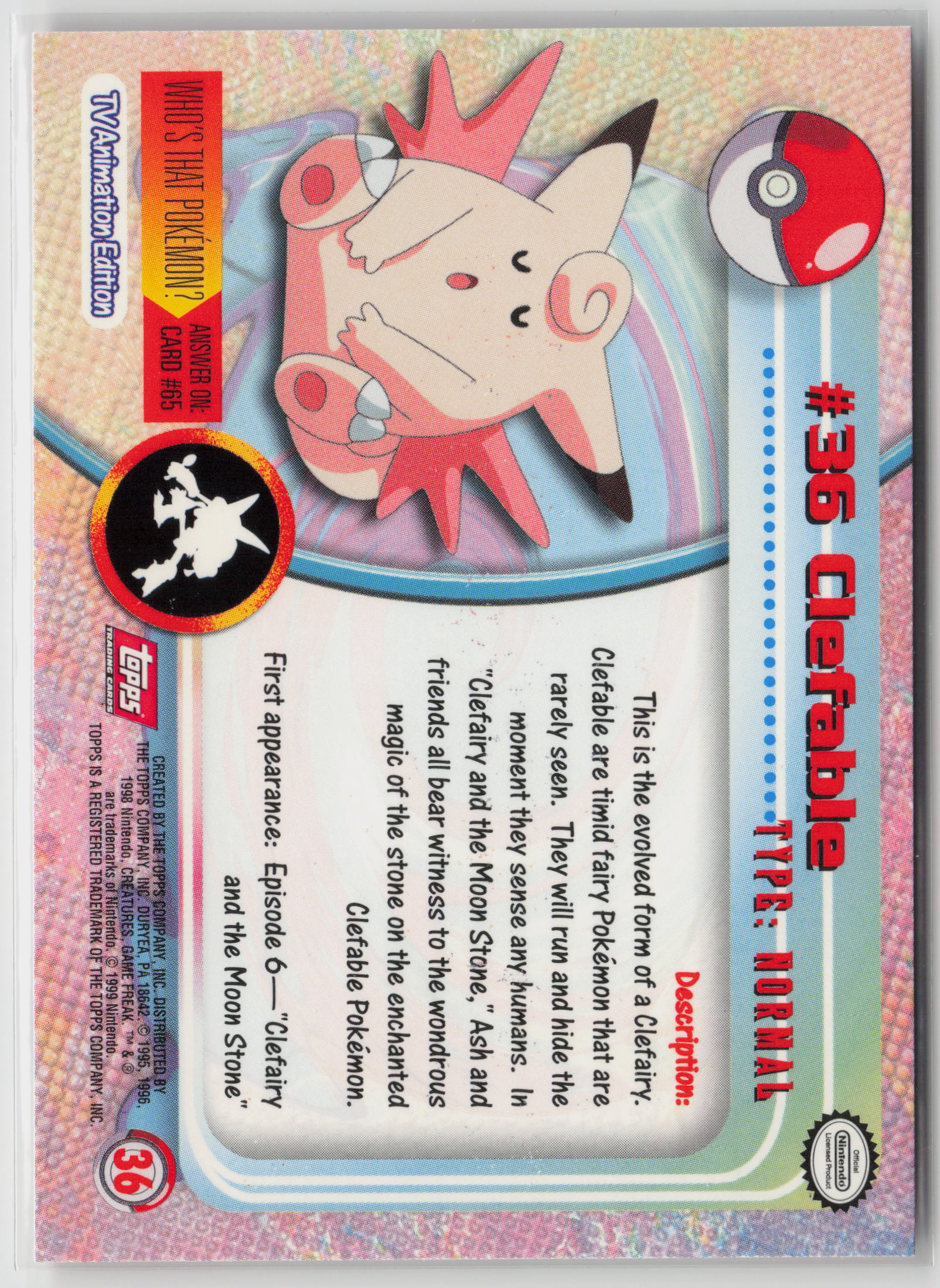 Clefable #36 Topps TV Animation Series 1999 Non-Holo NM (Back)