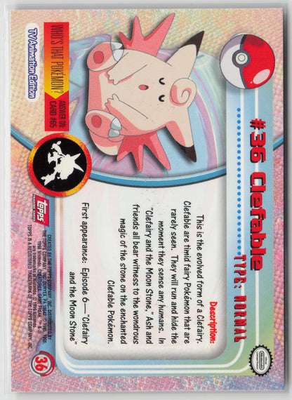 Clefable #36 Topps TV Animation Series 1999 Non-Holo NM (Back)