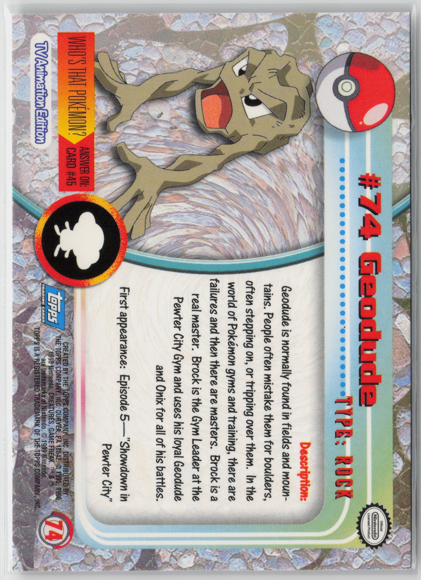 Geodude #74 Topps TV Animation Series 1999 Non-Holo LP (Back)