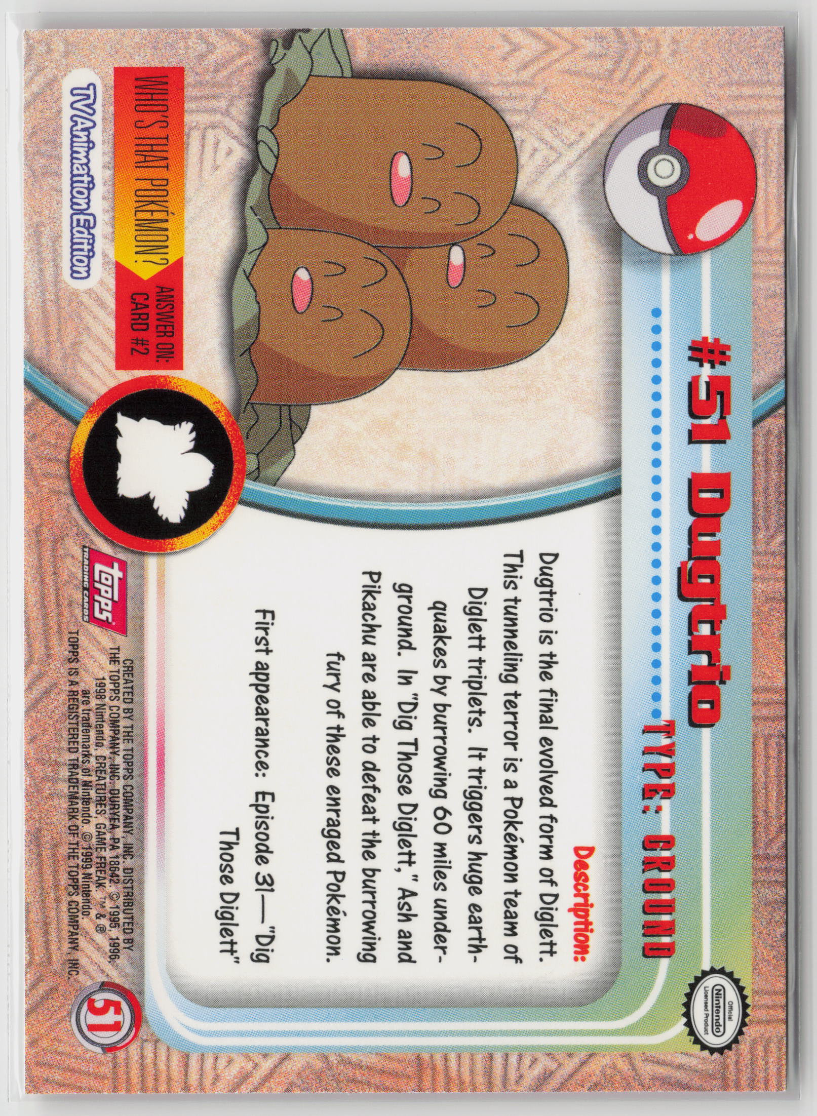 Dugtrio #51 Topps TV Animation Series 1999 Non-Holo LP (Back)