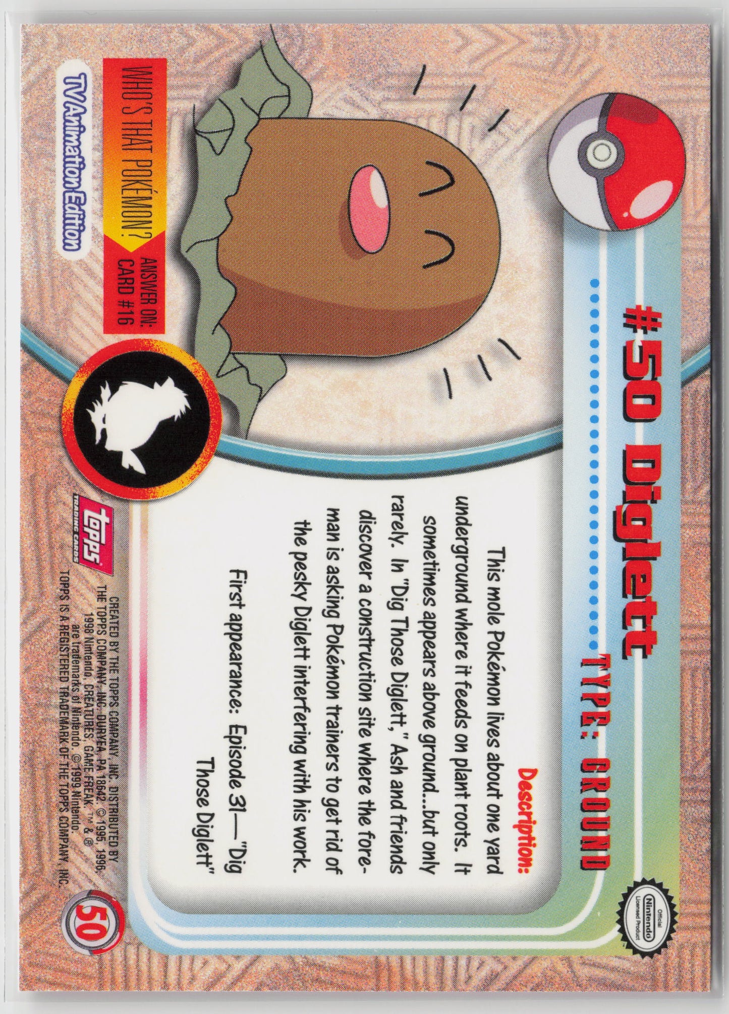 Digglett #50 Topps TV Animation Series 1999 Non-Holo LP (Back)