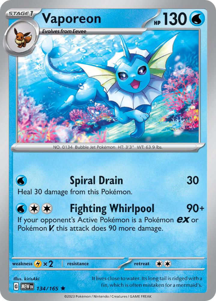 Vaporeon Rare Reverse Holo MEW 134/165 NM