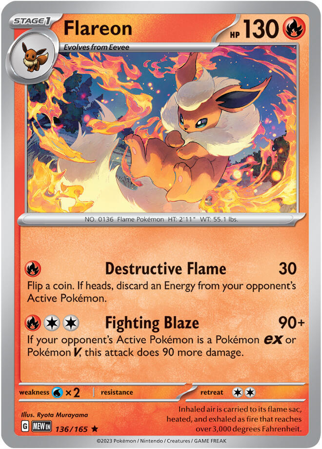 Flareon Rare Holo MEW 136/165 NM