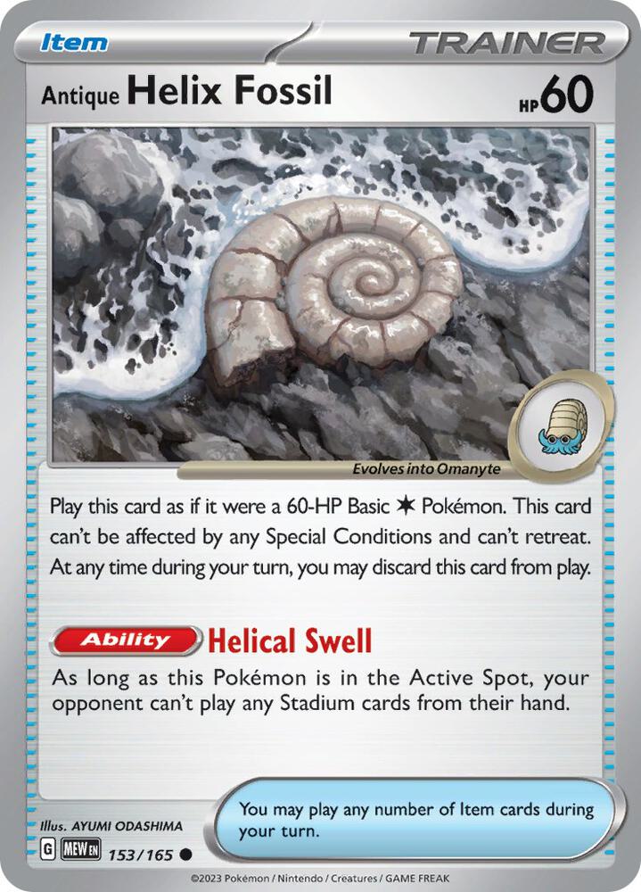 Antique Helix Fossil Common Reverse Holo MEW 153/165 NM
