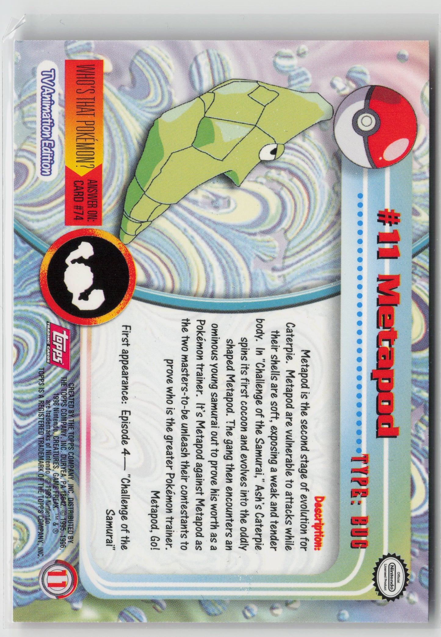 Metapod #11 Topps TV Animation Series 1999 Non-Holo NM (Back)