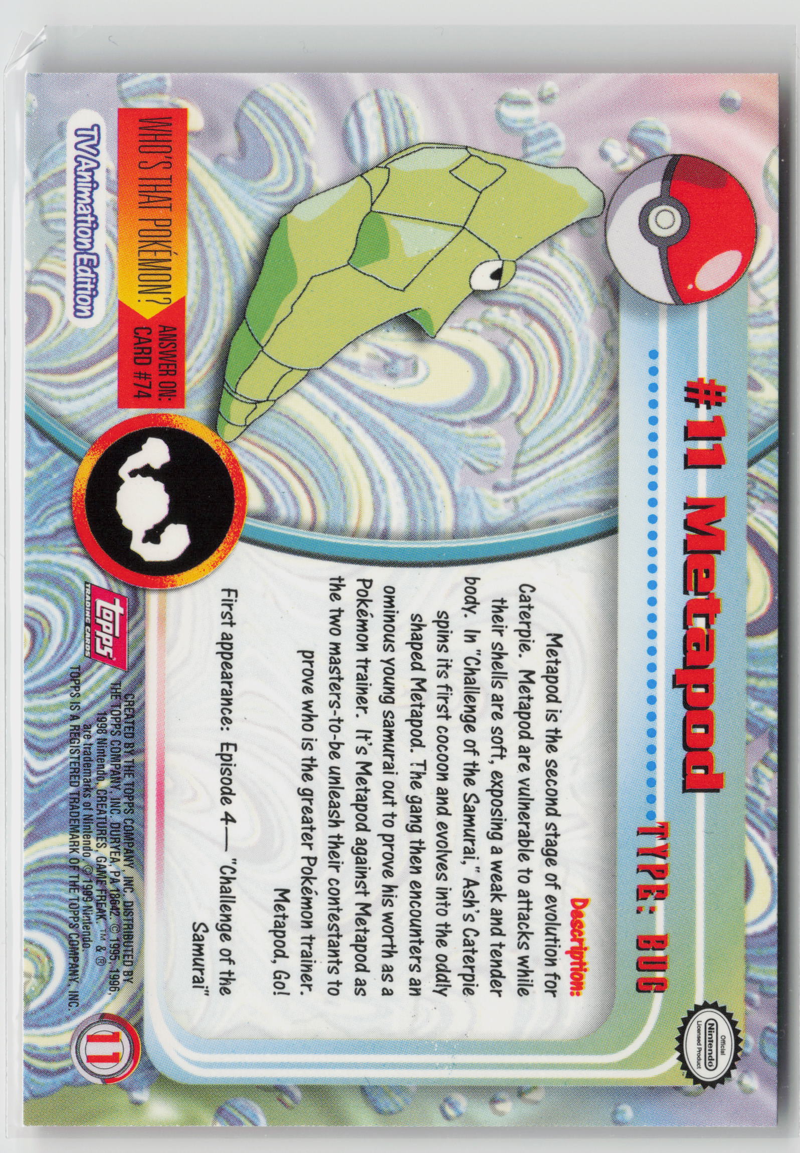 Metapod #11 Topps TV Animation Series 1999 Non-Holo NM (Back)