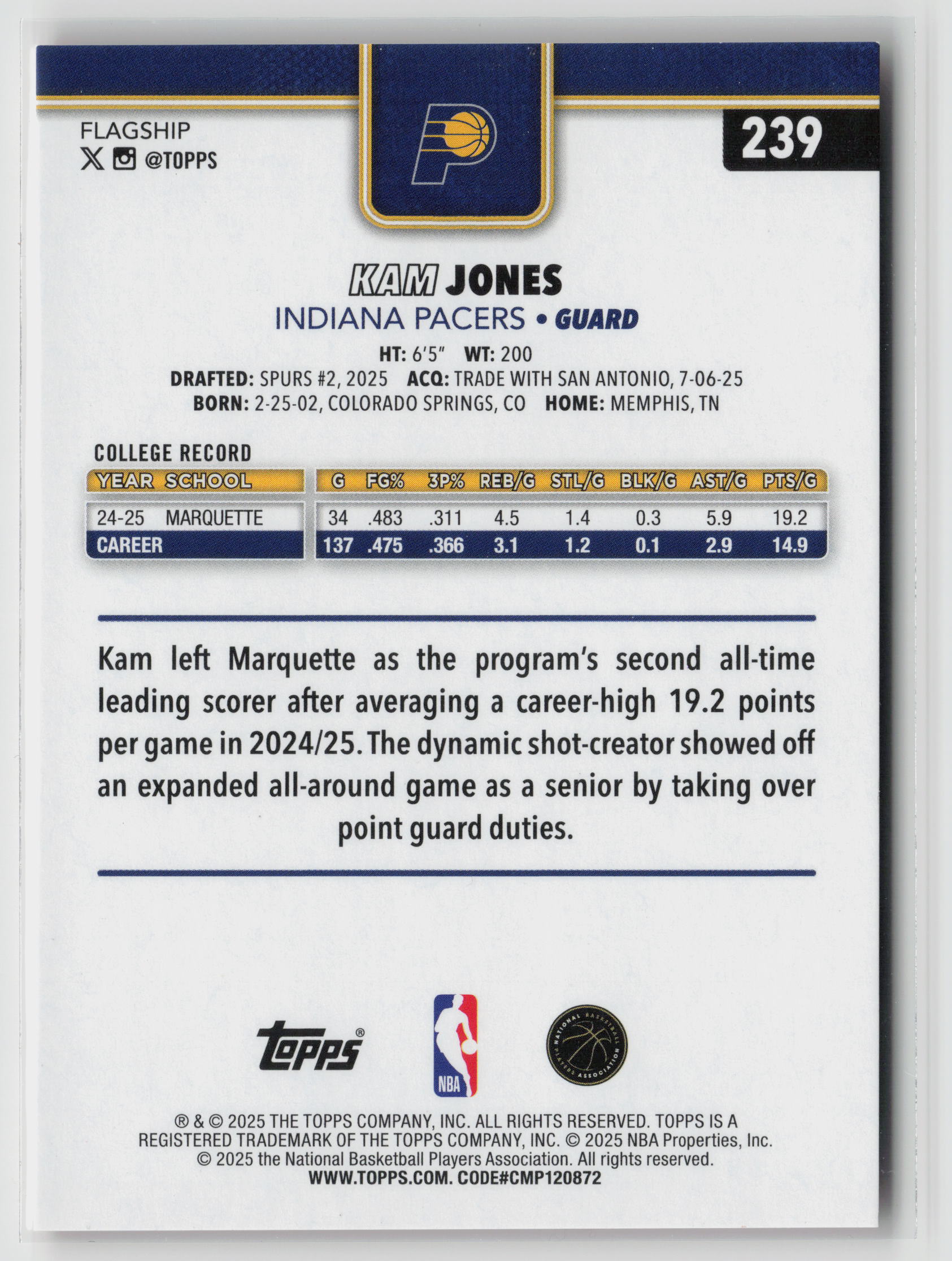 Kam Jones  2025 Topps #239 #/25 NM (Back)