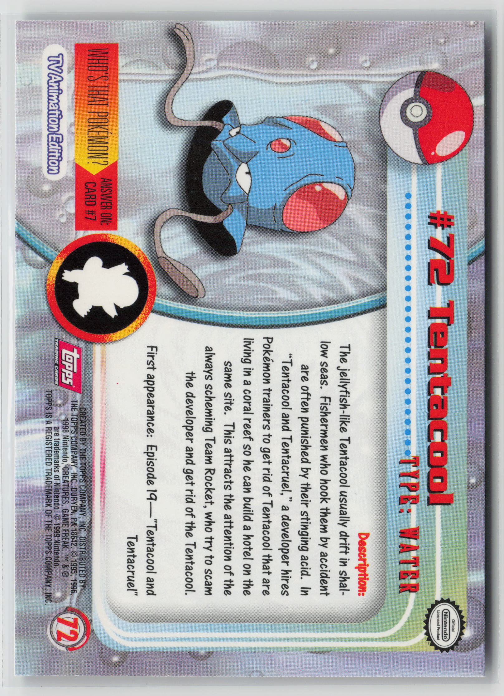 Tentacool #72 Topps TV Animation Series 1999 Non-Holo NM (Back)