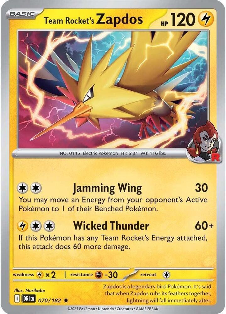 Team Rocket's Zapdos Rare Reverse Holo DRI 070/182 NM