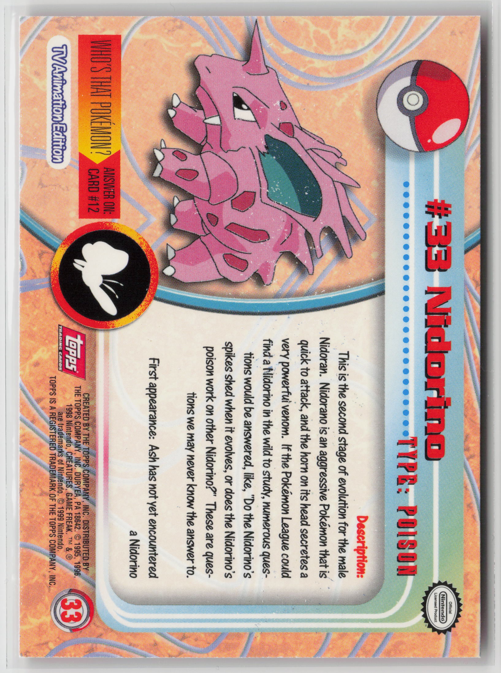 Nidorino #33 Topps TV Animation Series 1999 Non-Holo NM (Back)