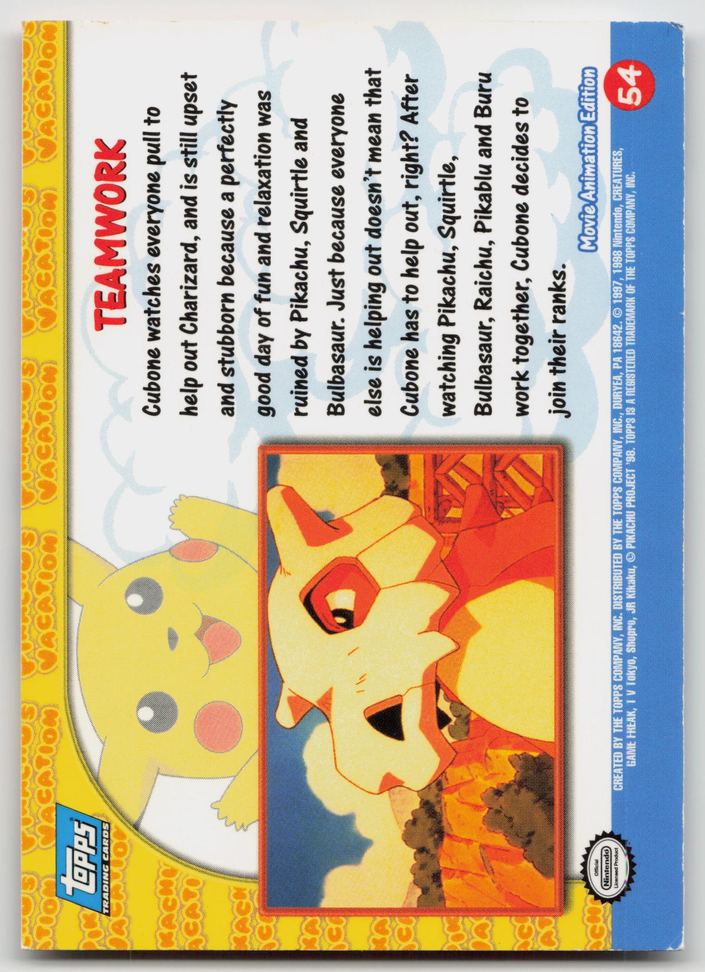 Teamwork #54 Pikachu's Vacation Topps Movie Animation Edition Non-Holo LP (Back)