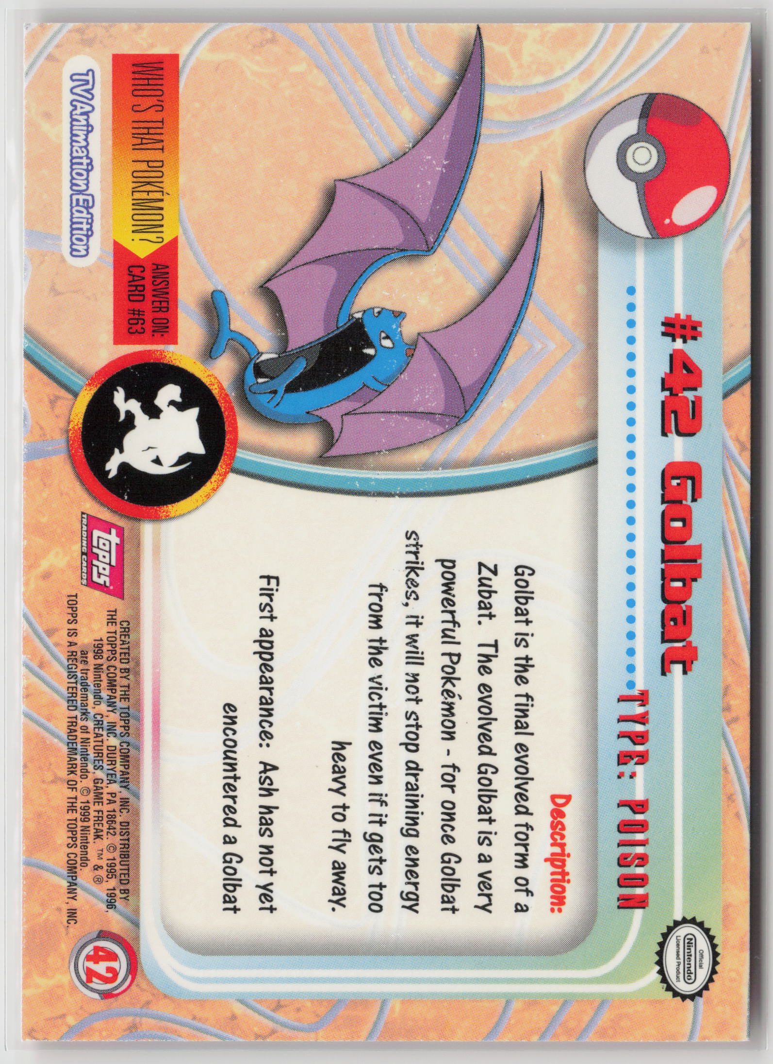 Golbat #42 Topps TV Animation Series 1999 Non-Holo NM (Back)