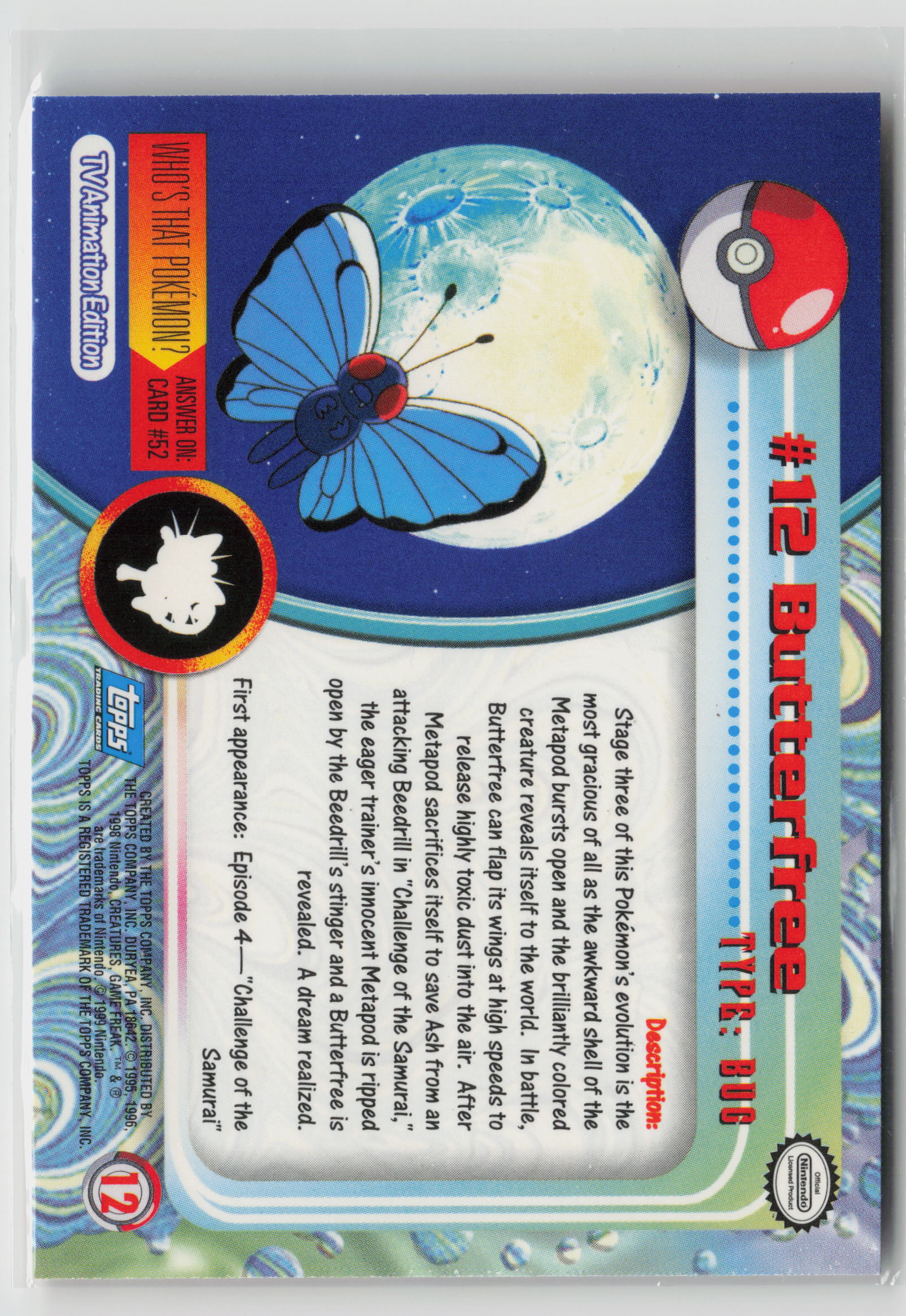 Butterfree #12 Topps TV Animation Series 1999 Non-Holo NM (Back)