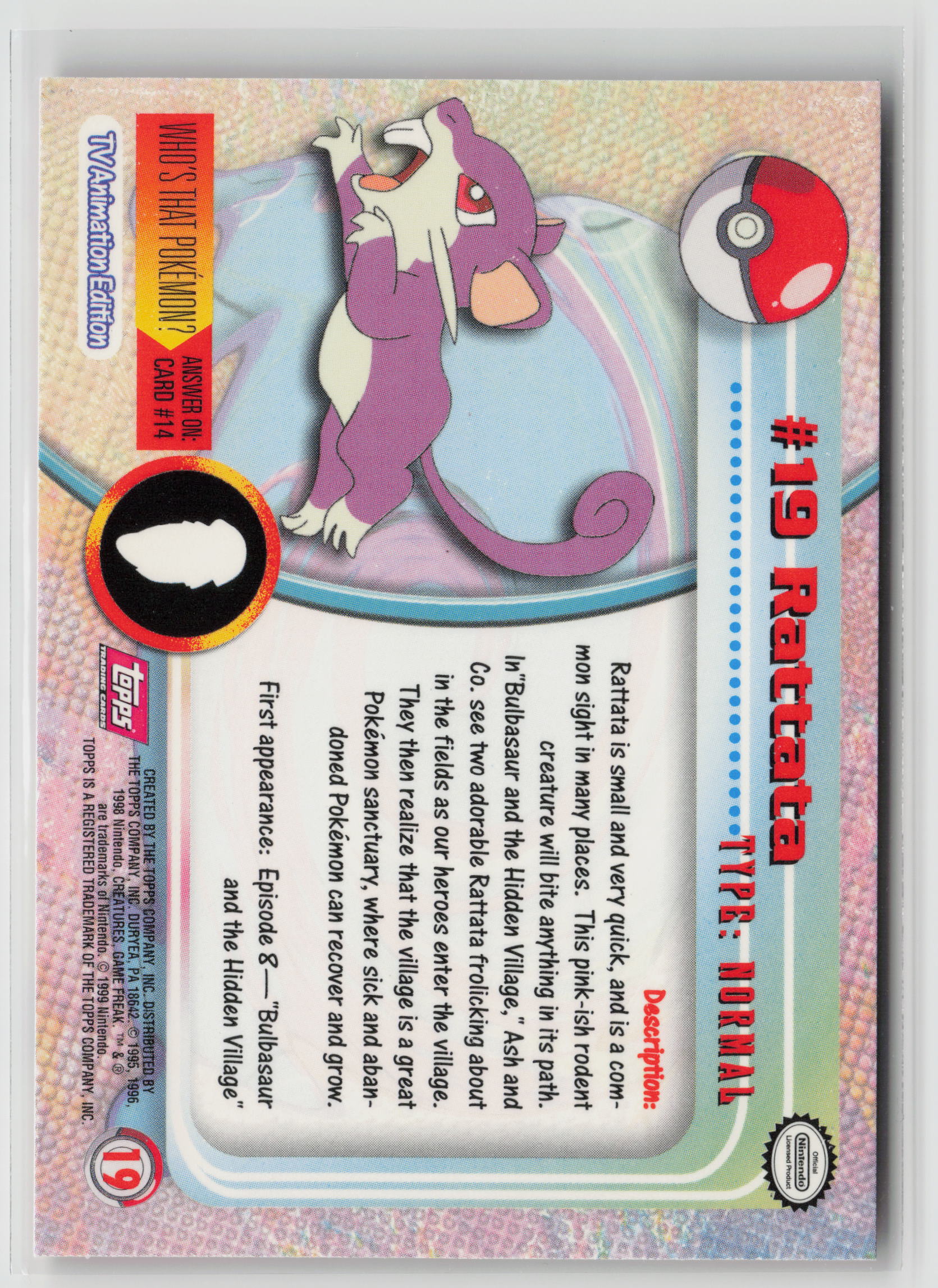 Rattata #19 Topps TV Animation Series 1999 Non-Holo NM (Back)