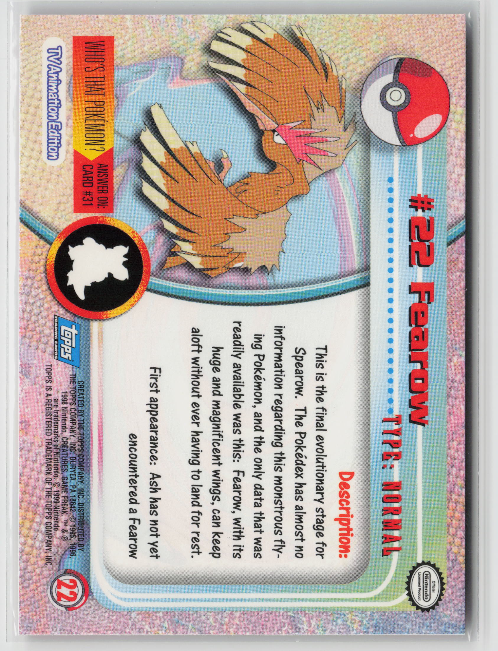 Fearow #22 Topps TV Animation Series 1999 Non-Holo NM (Back)