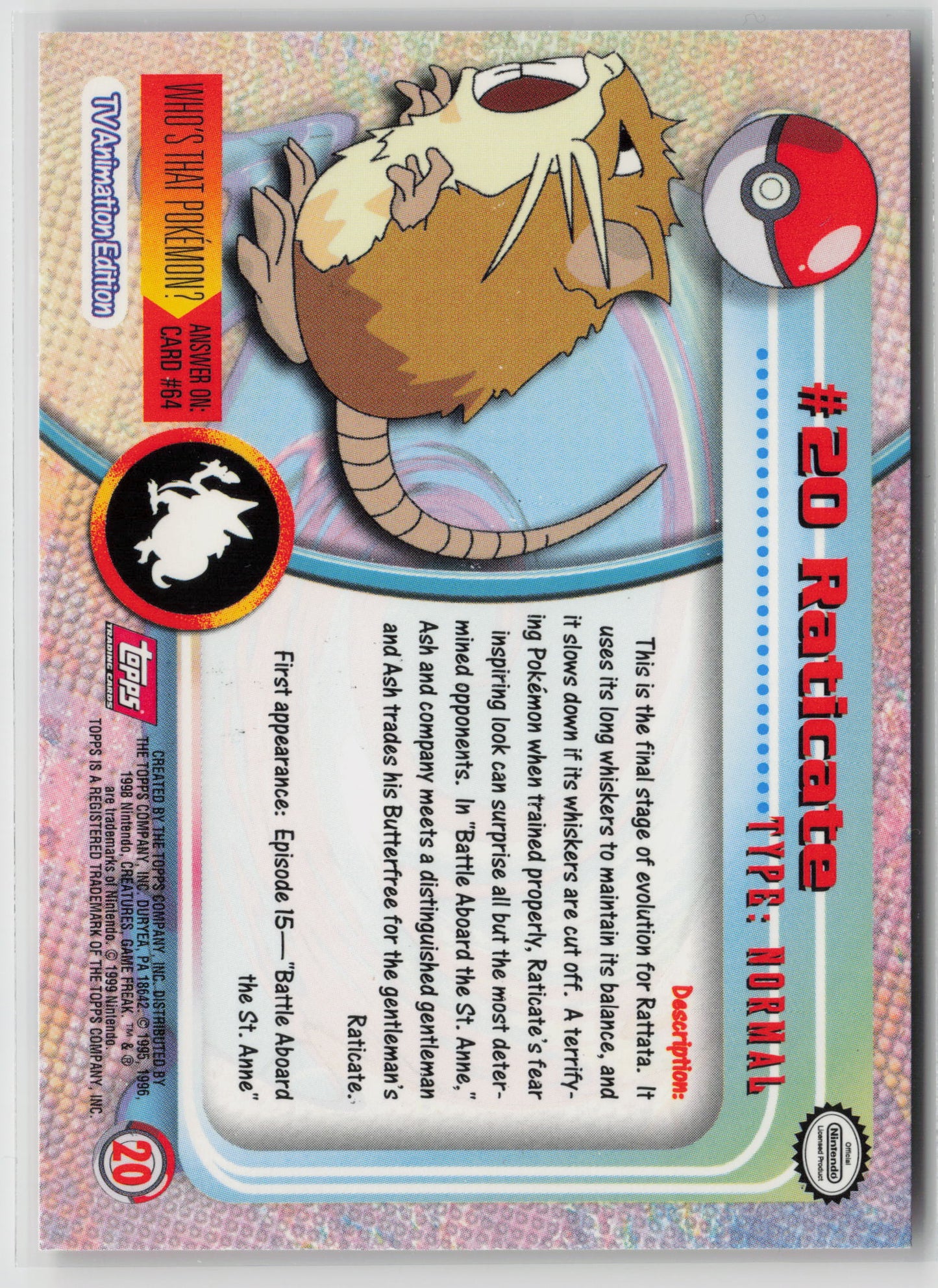 Raticate #20 Topps TV Animation Series 1999 Non-Holo NM (Back)