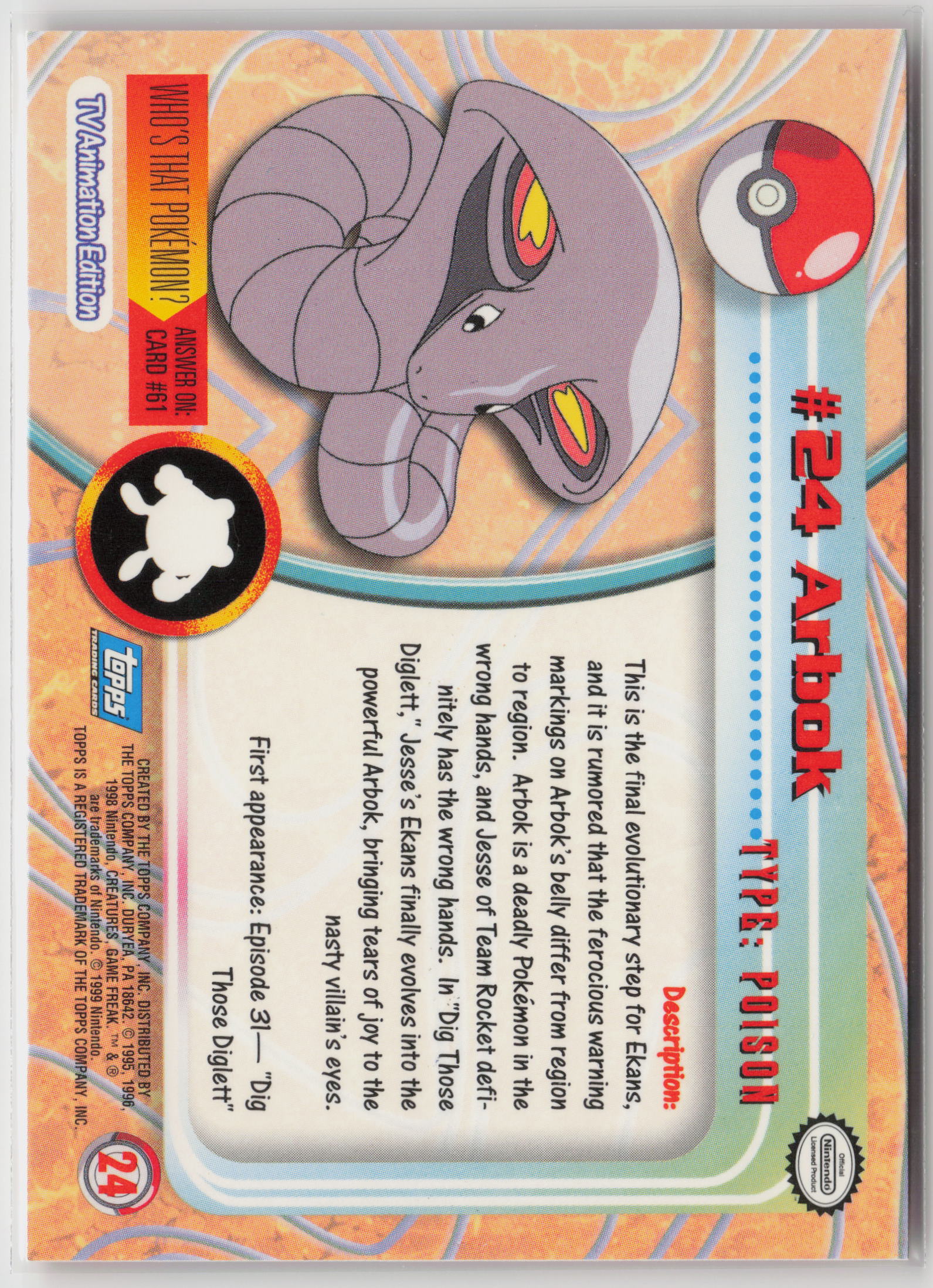 Arbok #24 Topps TV Animation Series 1999 Non-Holo LP (Back)