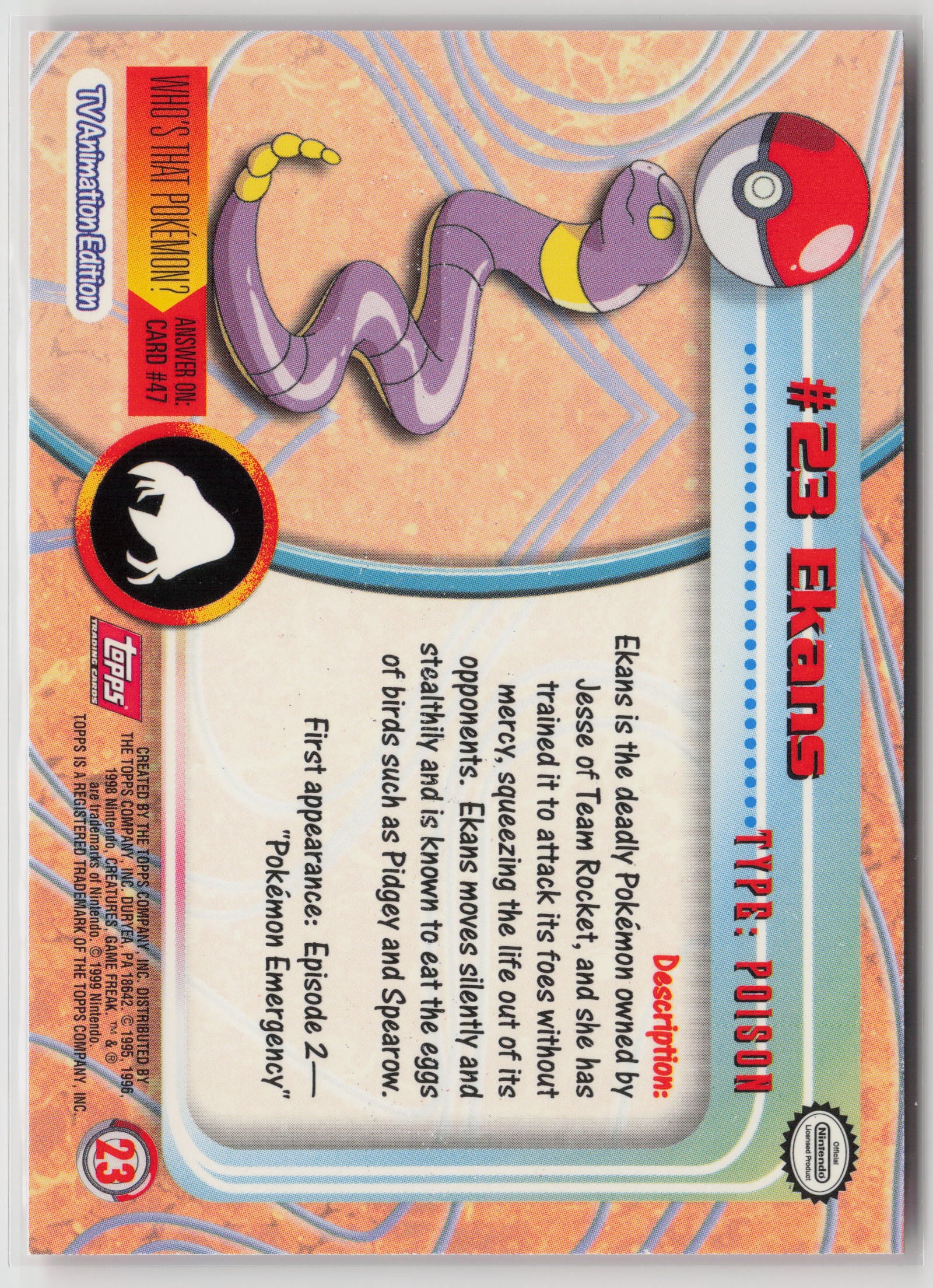 Ekans #23 Topps TV Animation Series 1999 Non-Holo NM (Back)