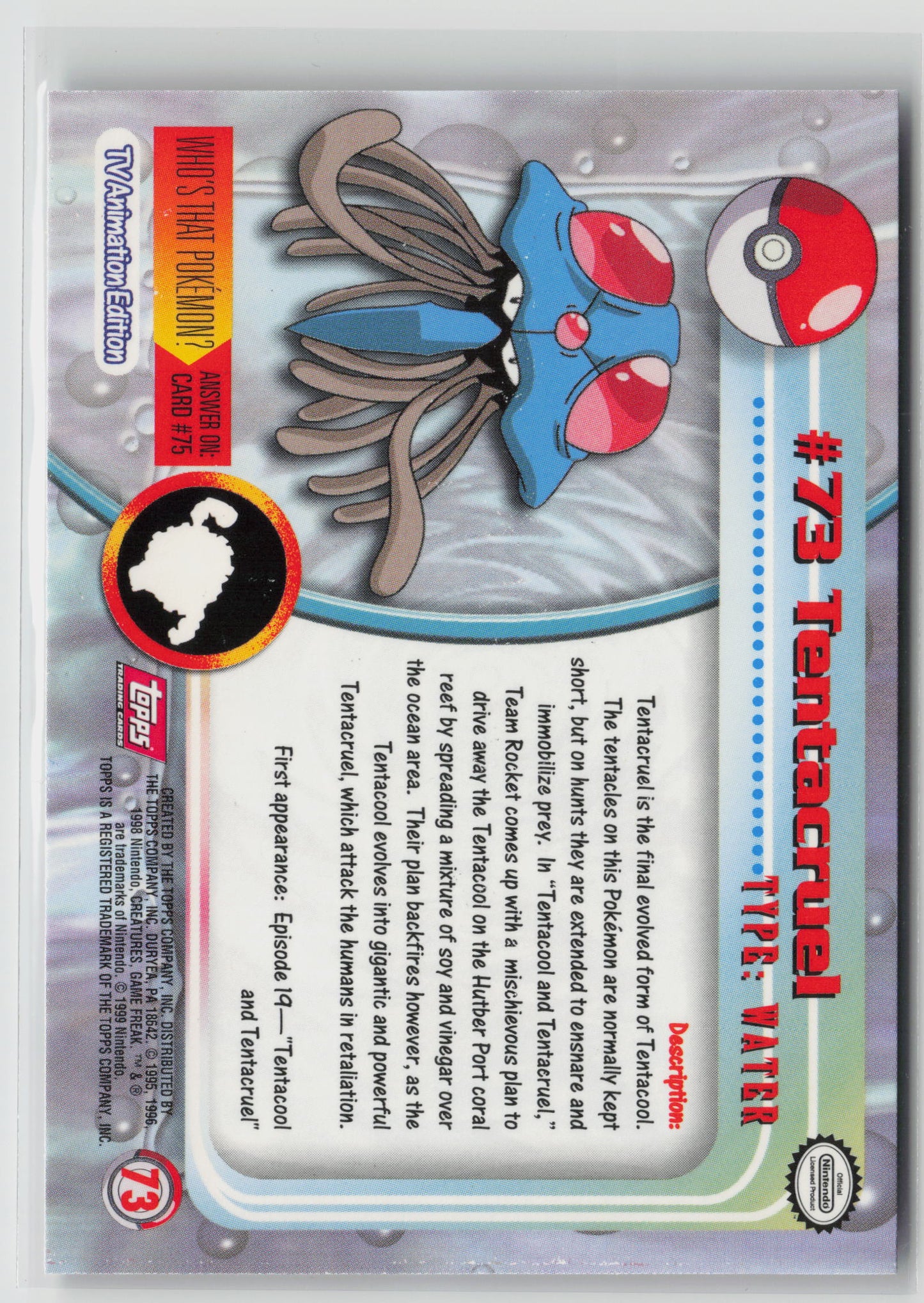 Tentacruel #73 Topps TV Animation Series 1999 Non-Holo NM (Back)