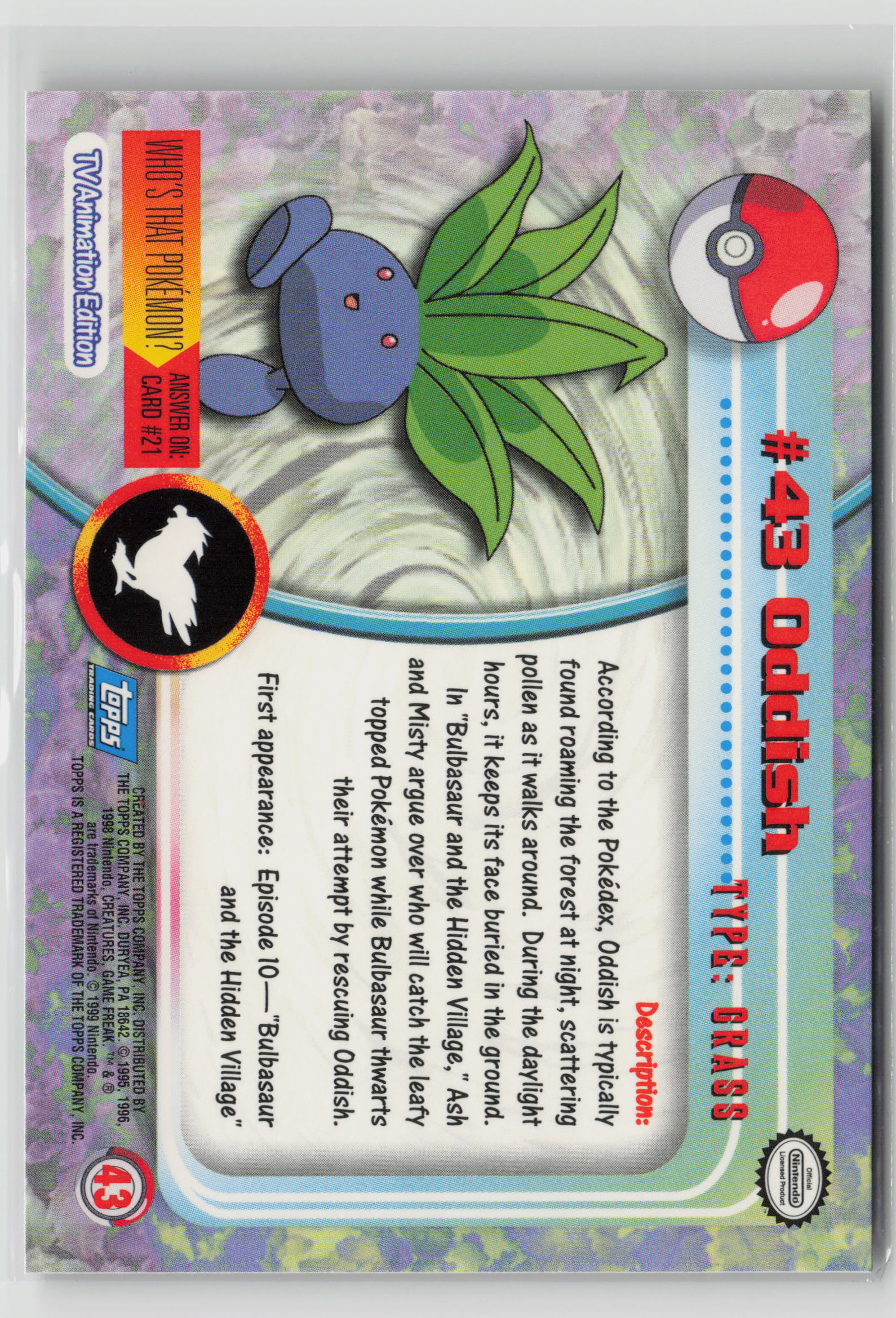 Oddish #43 Topps TV Animation Series 1999 Non-Holo NM (Back)