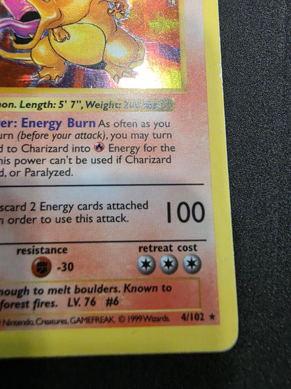 1999 POKEMON BASE SET SHADOWLESS CHARIZARD #4/102 HOLO RARE!