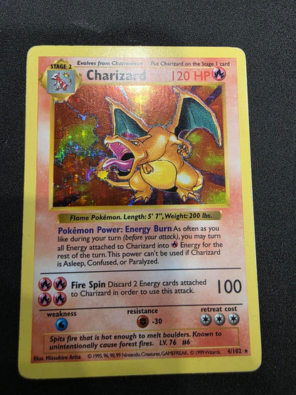 1999 POKEMON BASE SET SHADOWLESS CHARIZARD #4/102 HOLO RARE!