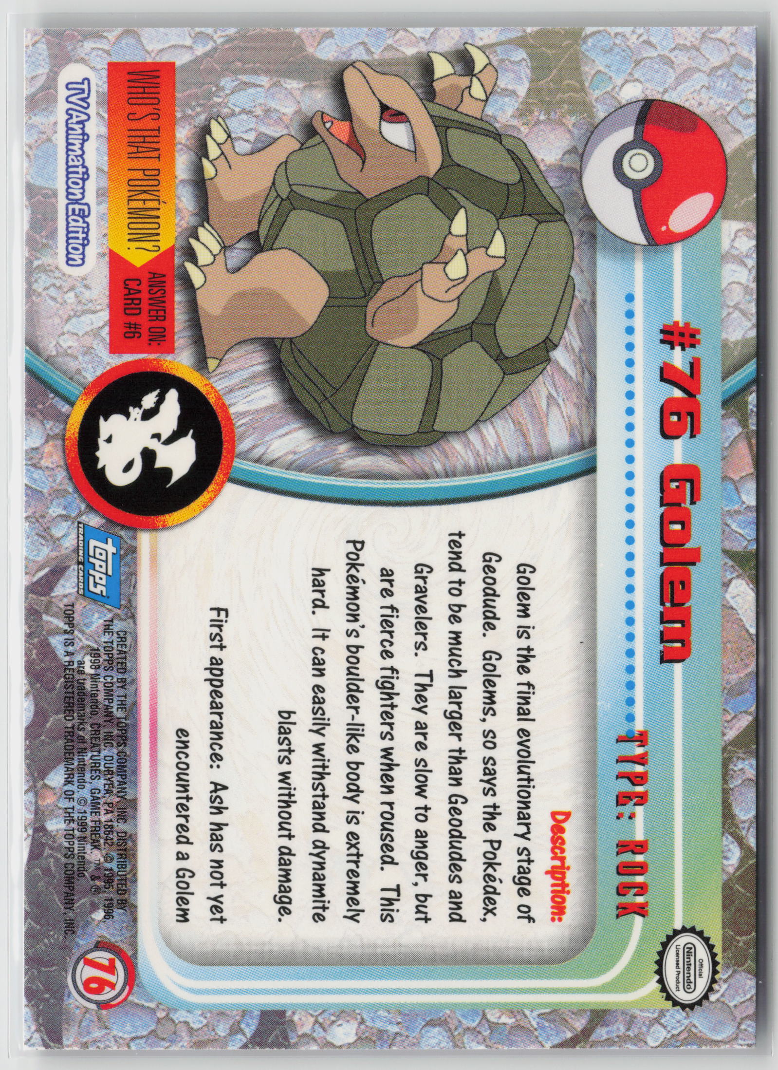 Golem #76 Topps TV Animation Series 1999 Non-Holo NM (Back)