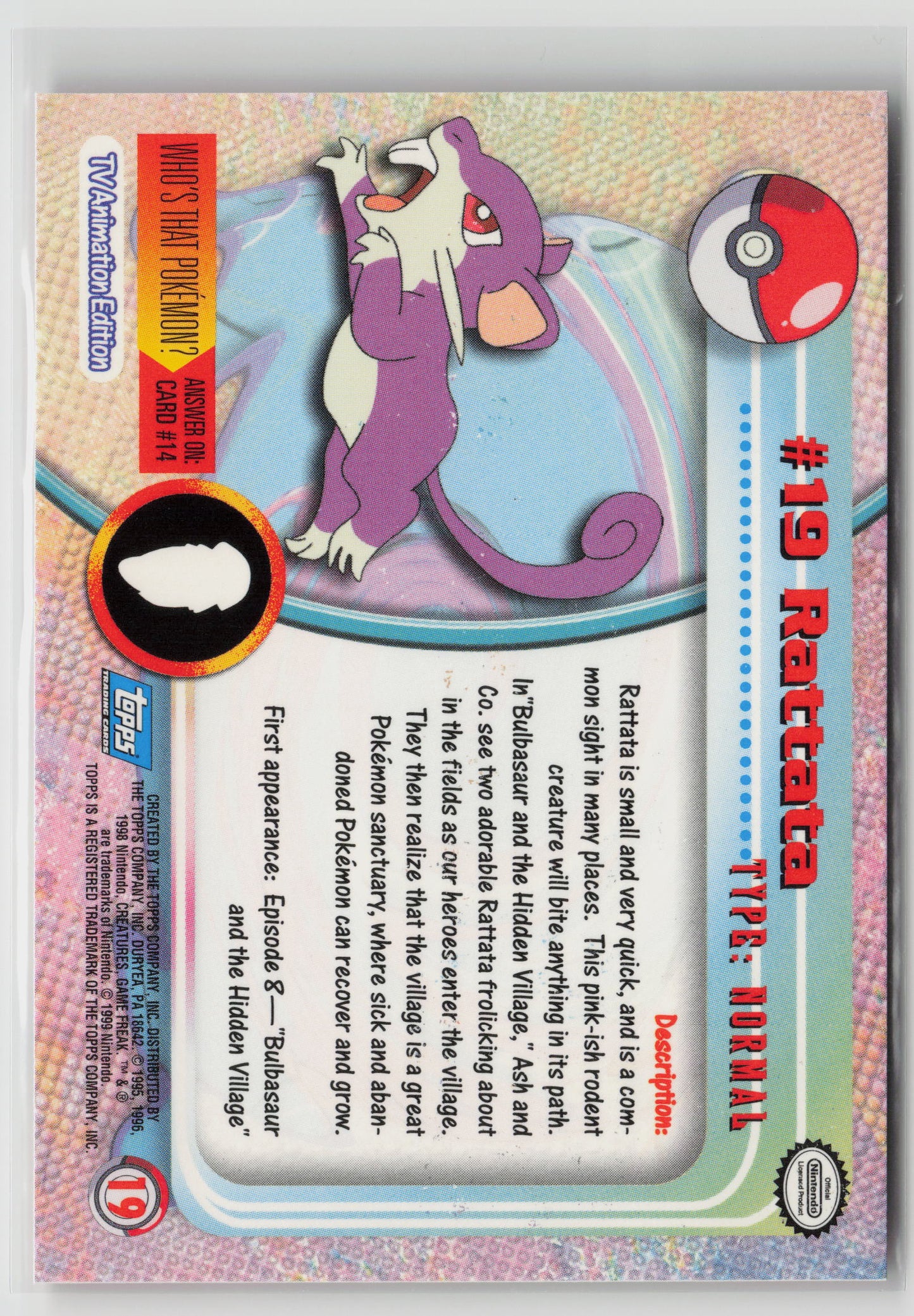 Rattata #19 Topps TV Animation Series 1999 Non-Holo NM (Back)