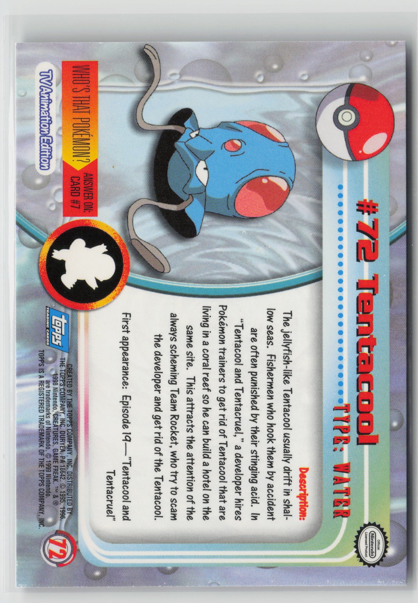 Tentacool #72 Topps TV Animation Series 1999 Non-Holo NM (Back)
