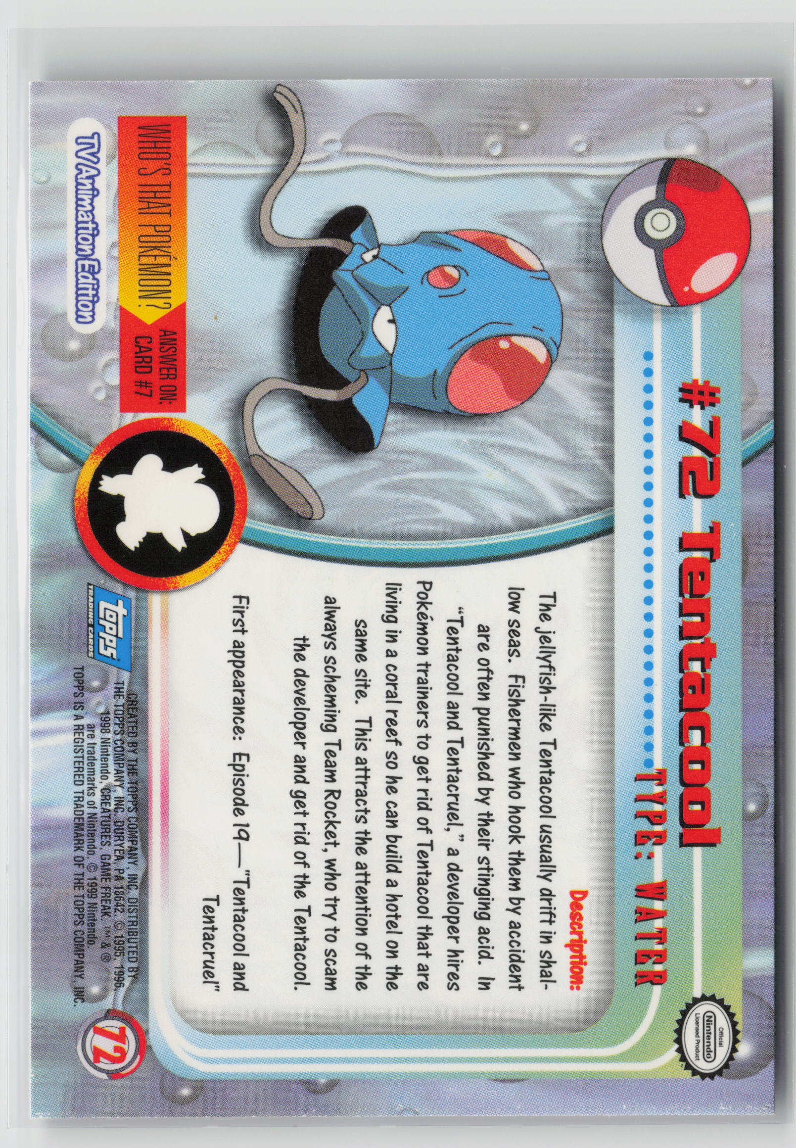 Tentacool #72 Topps TV Animation Series 1999 Non-Holo NM (Back)
