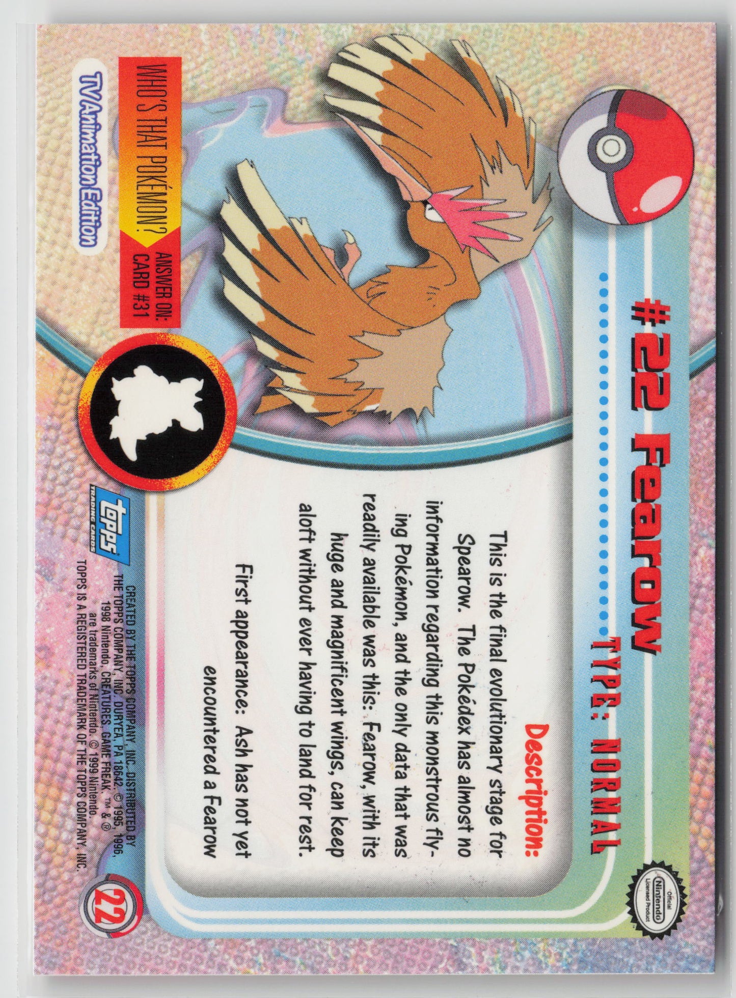 Fearow #22 Topps TV Animation Series 1999 Non-Holo NM (Back)
