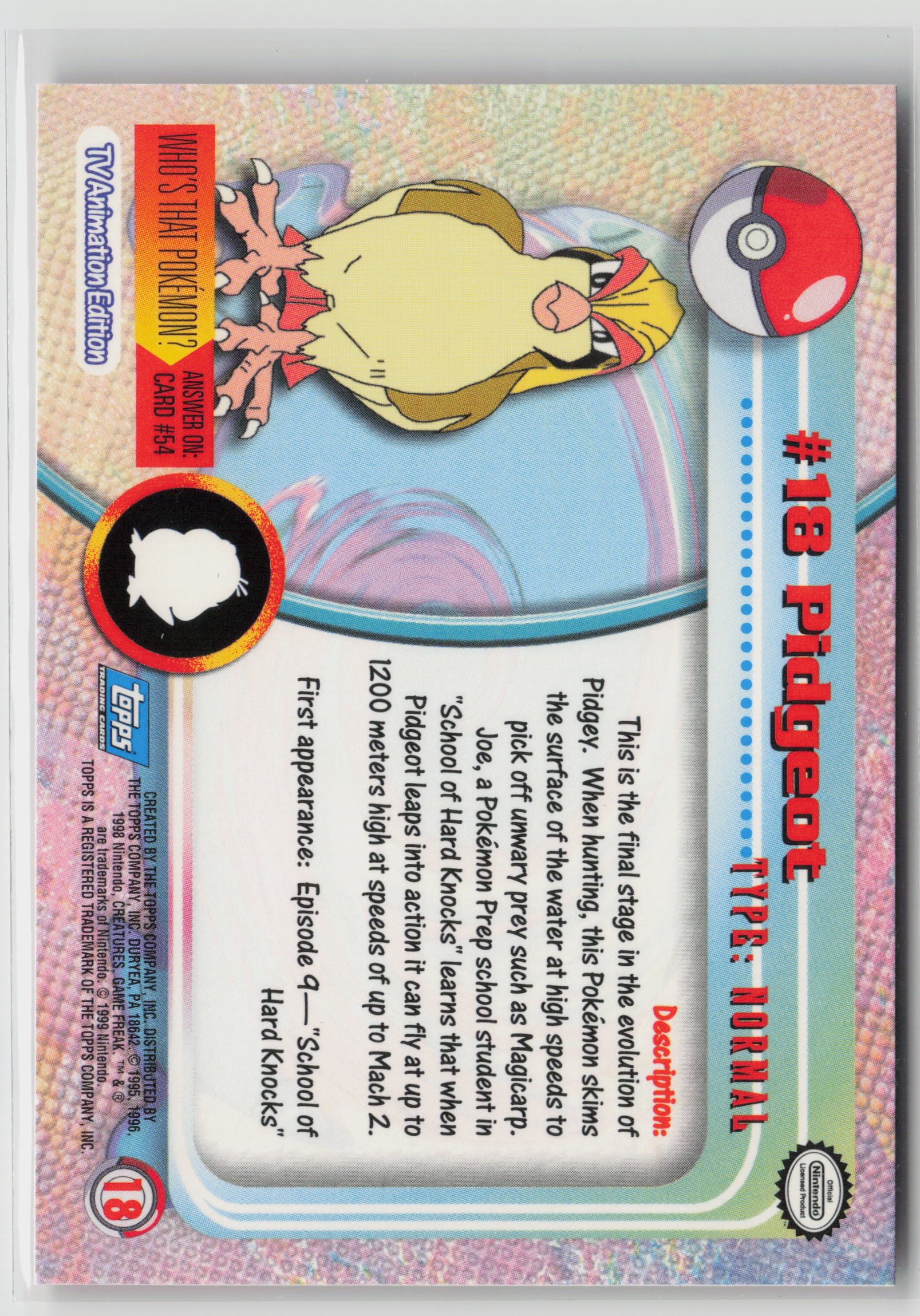 Pidgeot #18 Topps TV Animation Series 1999 Non-Holo NM (Back)